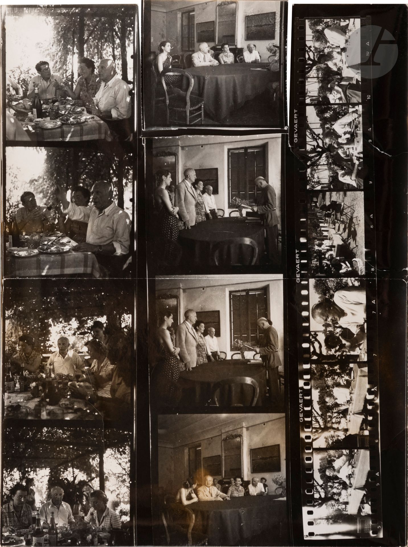Lee Miller (1907-1977)
Mariage de Paul et Dominique Éluard en compagnie de leurs témoins Pablo Picasso et Françoise Gilot. Saint Tropez, 1951.
Planche contact argentique d’époque avec une vue découpée. 
Format de la planche : 24 x 18 cm 
Format de la vue découpée : 5,5 x 6,5 cm 


Lee Miller (1907-1977)
Wedding of Paul and Dominique Éluard with their witnesses Pablo Picasso and Françoise Gilot. Saint Tropez, 1951.
Vintage silver contact sheet (a contact print is missing). 
Dimensions : 24 x 18 cm