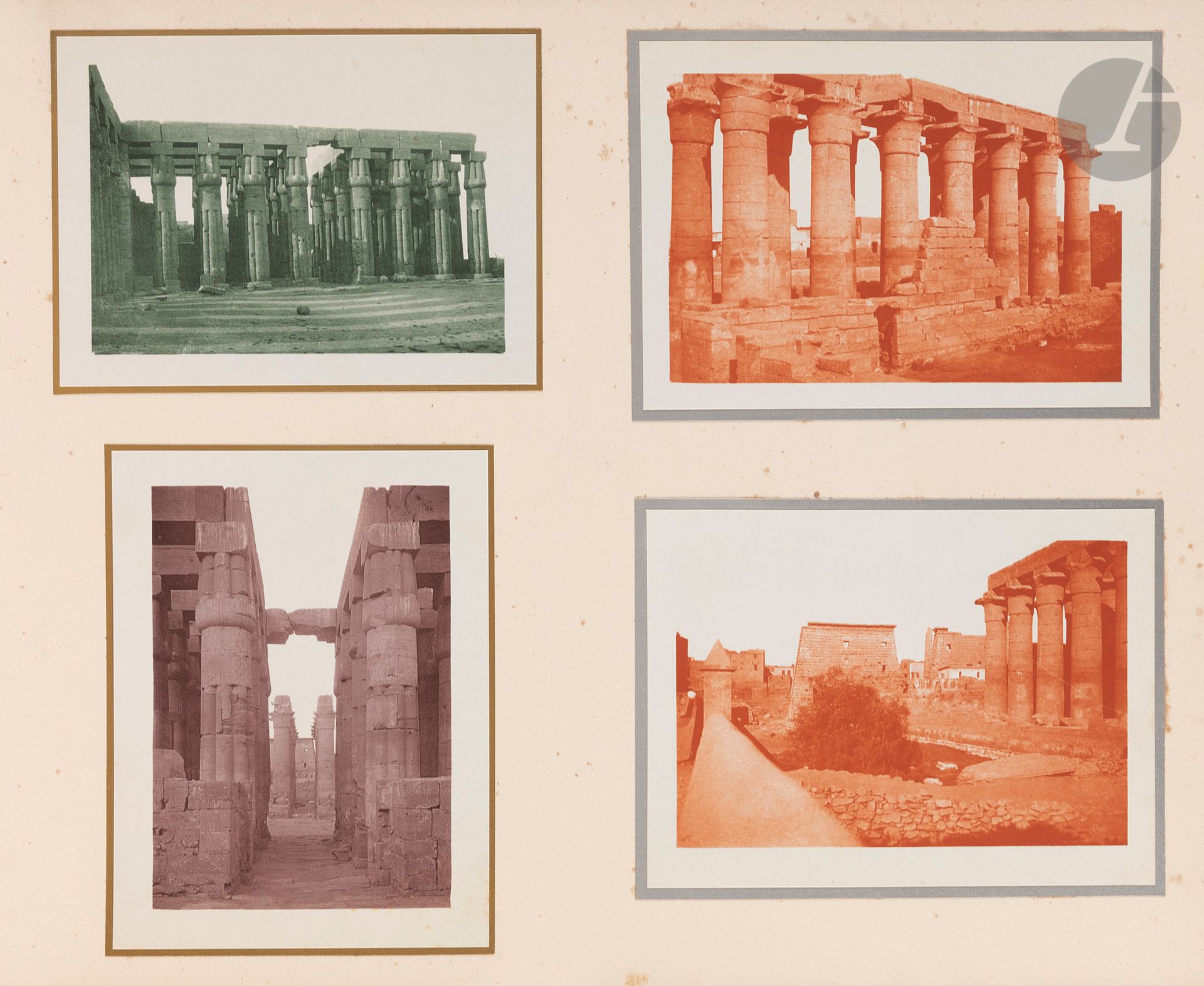 Unidentified
photographerPersonal
album
of Michel Pacha (Marius Michel, Count Michel de Pierredon - sailor and businessman).
Egypt, c. 1890.
Plain of Giza. Pyramids. Sphinx. Funerary complex of Djeser. Cairo. Temple of Luxor. Colossi of Memnon. Complex of Deir el Bahari. Archaeological excavations. The Nile. Complex of Abu Simbel. Nubia.
Oblong album in full morocco, bearing the initials P.M.P. and the coat of arms of Michel Pacha on the first plate, composed of about 278 platinum prints (variations of colors), pasted on sheets.
Sizes: from 8 x 10 to 13.5 x 9.5 cm with marginsUnidentified


photographerPersonal
album of Michel Pacha (Marius Michel, comte Michel de Pierredon).
Egypt, c. 1890.
Plain of Giza. Pyramids. Sphinx. Funerary complex of Djeser. Cairo. Temple of Luxor. Colossi of Memnon. Complex of Deir el Bahari. Archaeological excavations. The Nile. Complex of Abu Simbel. Nubia.
Oblong folio album, bearing the initials P.M.P. and the coat of arms of Michel Pacha on covers, composed of about 278 platinum prints (variations of colors), mounted on sheets.
Dimensions : from 8 x 10 to 13,5 x 9,5 cm with margins












