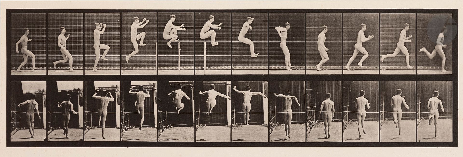 Eadweard Muybridge (1830-1904)
Animal Locomotion, 1887. 
[Saut de l’homme], planche 154.
Phototypie d’époque. Légende imprimée « Animal Locomotion. Plate 154. Copyright, 1887, by Eadweard Muybridge. All rights reserved » dans la marge inférieure. Rousseurs dans les marges. 
Image : 13,6 x 46 cm
Feuille : 48,8 x 62,5 cm


Eadweard Muybridge (1830-1904)
Animal Locomotion, 1887. 
[Man's Jump], plate 154.
Vintage collotype. Printed caption "Animal Locomotion. Plate 154. Copyright, 1887, by Eadweard Muybridge. All rights reserved" in the lower margin. Some foxing in the margins. 
Image : 13,6 x 46 cm
Paper : 48,8 x 62,5 cm