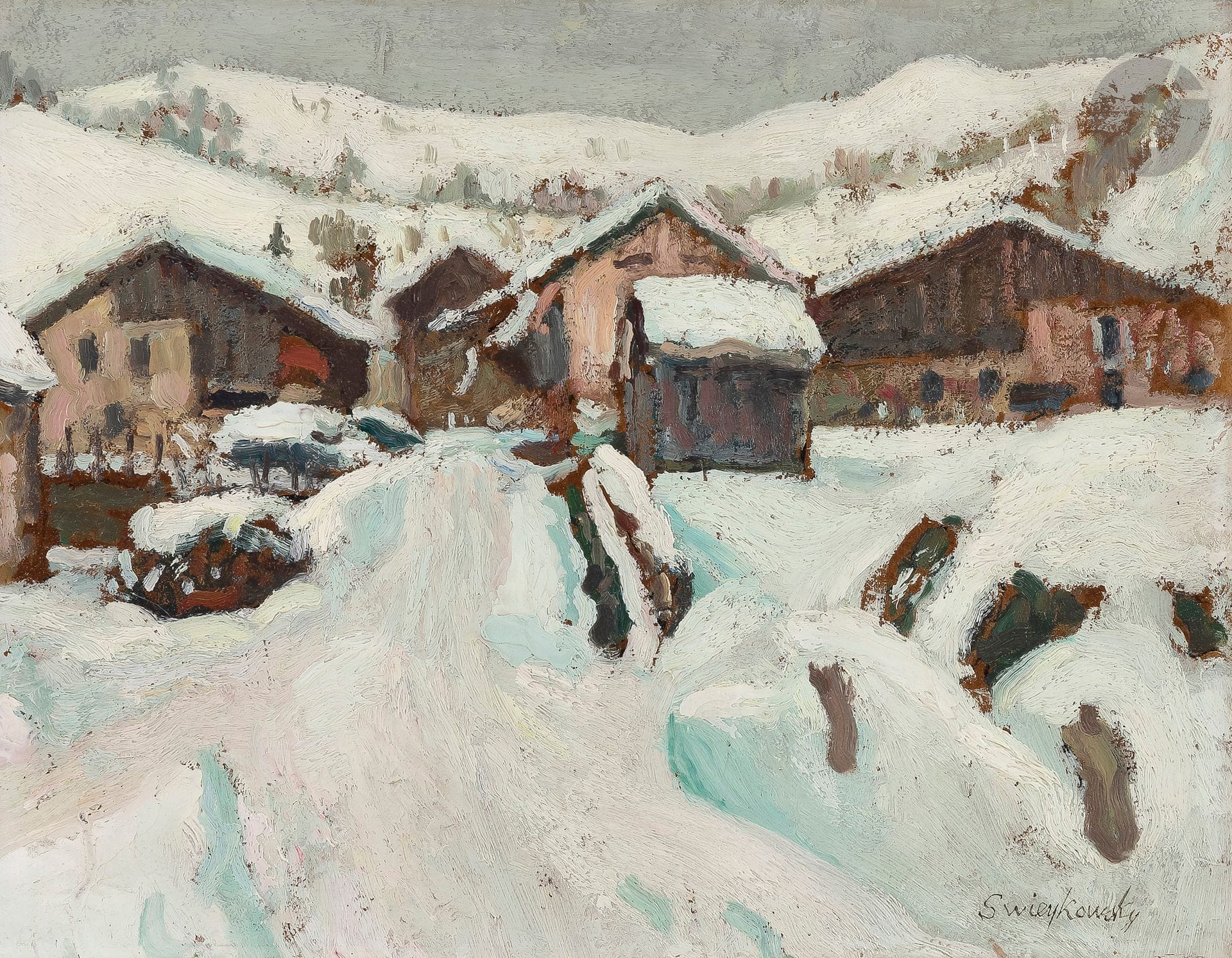 Alfred SWIEYKOWSKI (1869-1953)
Village de Trossy Bernex, Haute Savoie
Huile sur carton.
Signée en bas à droite.
Titrée au dos.
31 x 40 cm

