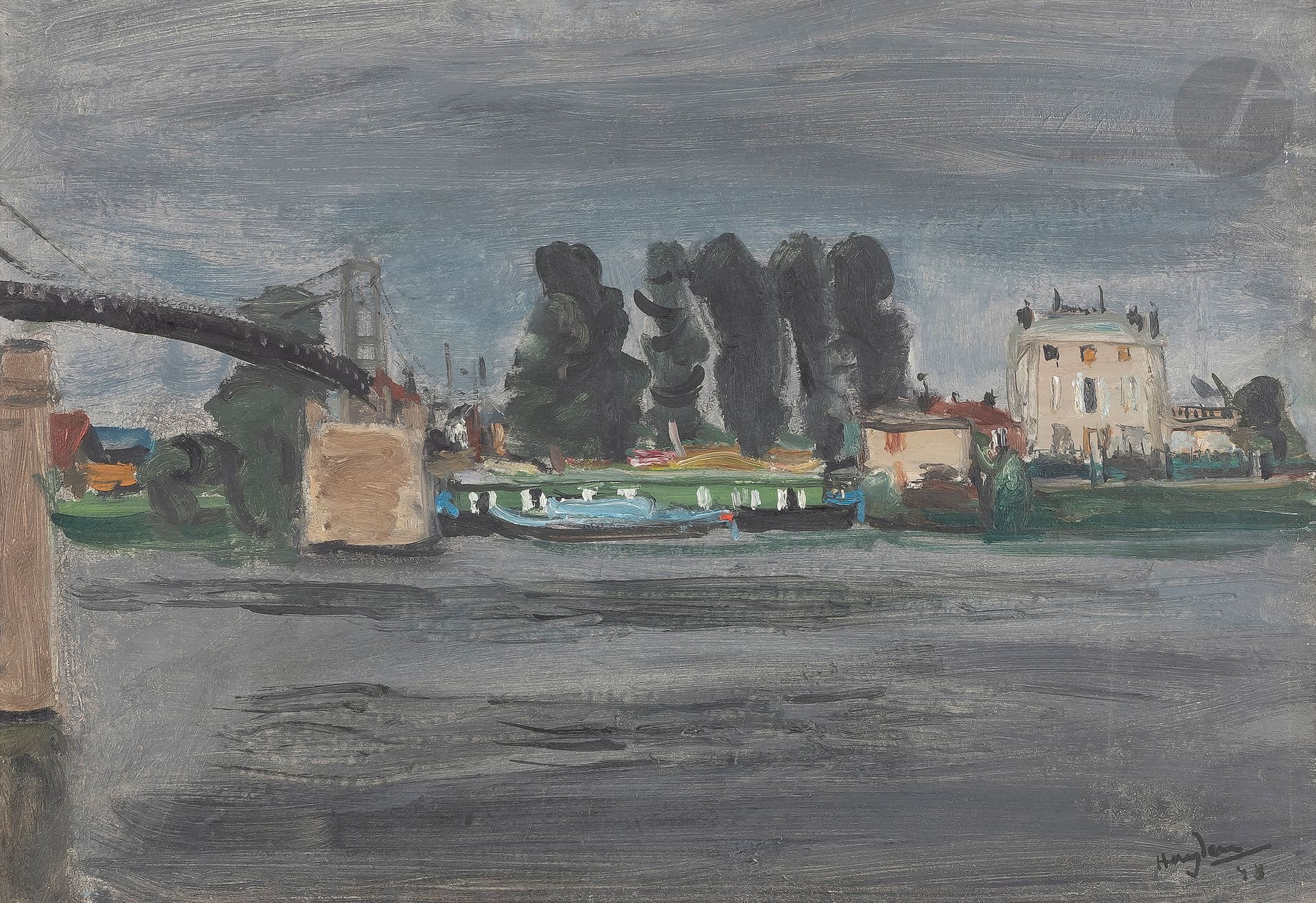 Henri HAYDEN (1883-1970)
Le pont de Triel-sur-Seine sous ciel orageux, 1948
Huile sur panneau.
Signée et datée en bas à droite.
33,5 x 46,7 cm

Un certificat de Madame Laurence Le Cieux, détentrice des droits afférents à l’œuvre de Henri Hayden, sera remis à l’acquéreur.

