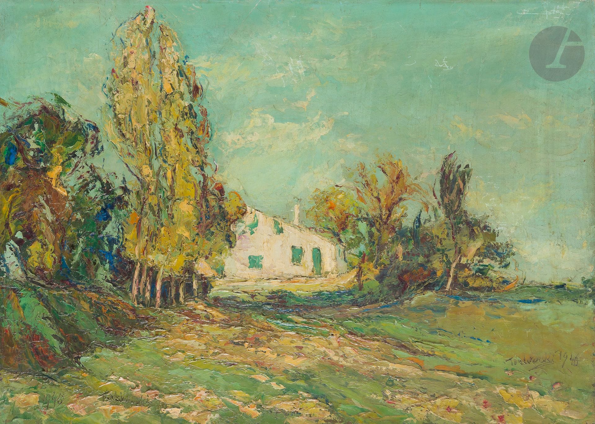 Vladimir TERLIKOWSKI (1873-1951)
La Maison blanche, 1940
Huile sur toile.
Signée et datée en bas à droite.
Signée et datée en bas à gauche.
Une huile représentant un paysage au dos.
65 x 92 cm

