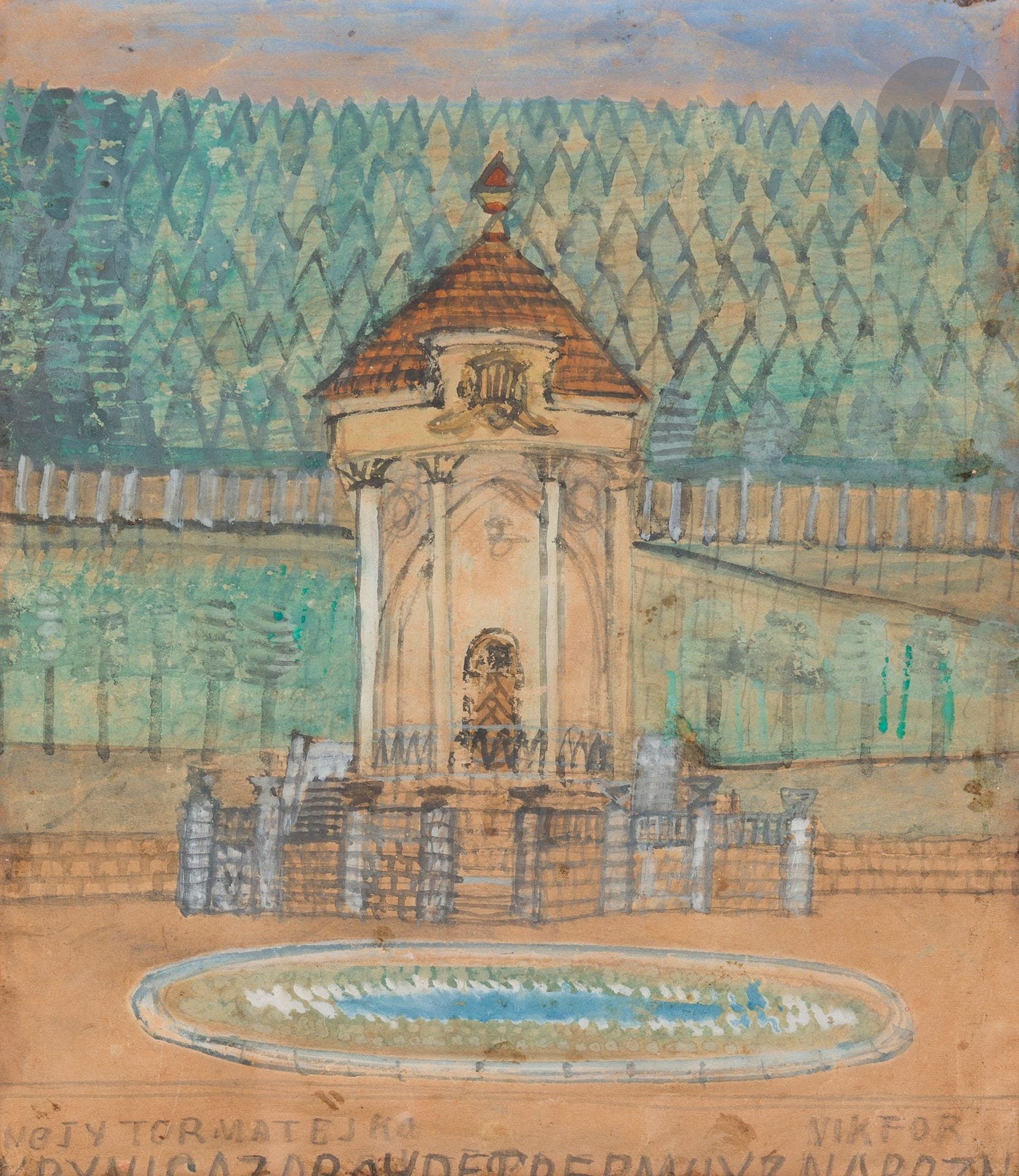 Nikifor KRYNICKI (1895-1966)
Amphithéâtre (Muszla koncertowa) à Krynica Zdroj
Aquarelle.
Signée et annotée en pied.
(Déchirure consolidée).
20 x 16,5 cm

Provenance :
Gilden Art Gallery, Londres.

Nous remercions Monsieur Bogdan Karski, grand passionné du travail de Nikifor, d’avoir identifié et authentifié l'œuvre.

Les annotations donnent notamment deux noms dont se servait Nikifor : "Nejytormatejko" et "Nikfor" (étant analphabète, il transcrivait les mots phonétiquement ; certains noms de ville ou de lieu sont transcrits correctement, copiés d'après des affiches). Le style de la peinture nous permet de la dater des années 40/50.