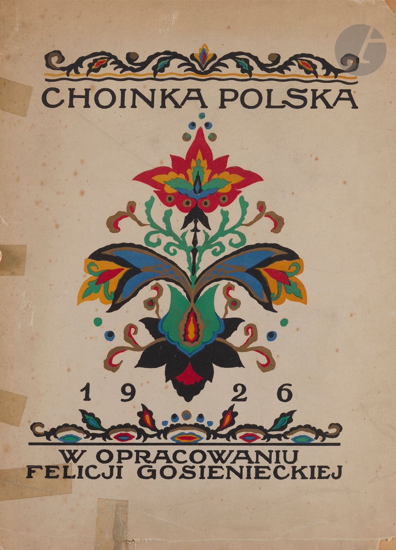 FELICJA GOSIENIECKA (1883-?)
Choinka Polska (Sapin de Noël polonais), Poznań, 1926.
Portfolio composé de 8 planches illustrées de décorations de Noël faites à la main avec une page d'introduction par l'auteur.
Pages désolidarisées, accidents, manque la planche n°7.

