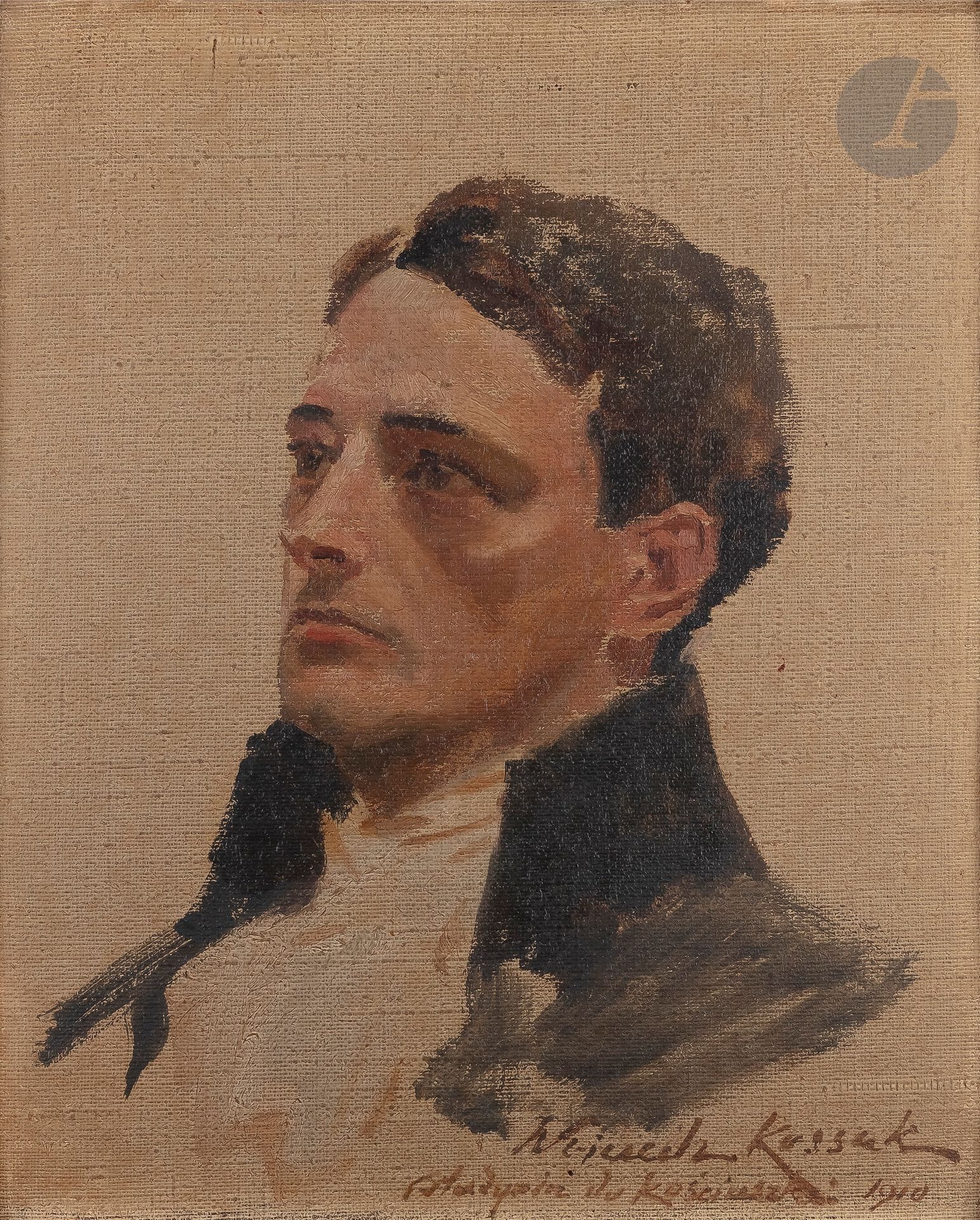 Wojciech KOSSAK (1856-1942)
Portrait de Tadeusz Kościuszko, 1910
Huile sur toile marouflée sur carton.
Signée, datée et annotée en bas à droite.
38,4 x 31,5 cm

Il s’agit certainement d’une esquisse ayant servi lors de la préparation du tableau “Serment de Kosciuszko sur la Grande Place de Cracovie” de 1911 conservé au Musée de Kosciuszko à Soleure en Suisse.

Być może szkic do obrazu „Przysięga Kościuszki na Rynku w Krakowie 24 marca 1794 roku” znajdującego się w zbiorach Muzeum Tadeusza Kościuszki w Solurze w Szwajcarii.

[sztuka polska]

