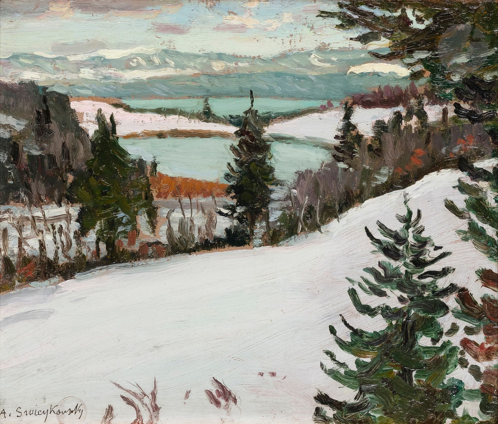 Alfred SWIEYKOWSKI (1869-1953)
Paysage enneigé (Annecy ?)
Huile sur carton.
Signée en bas à gauche.
27 x 33 cm

