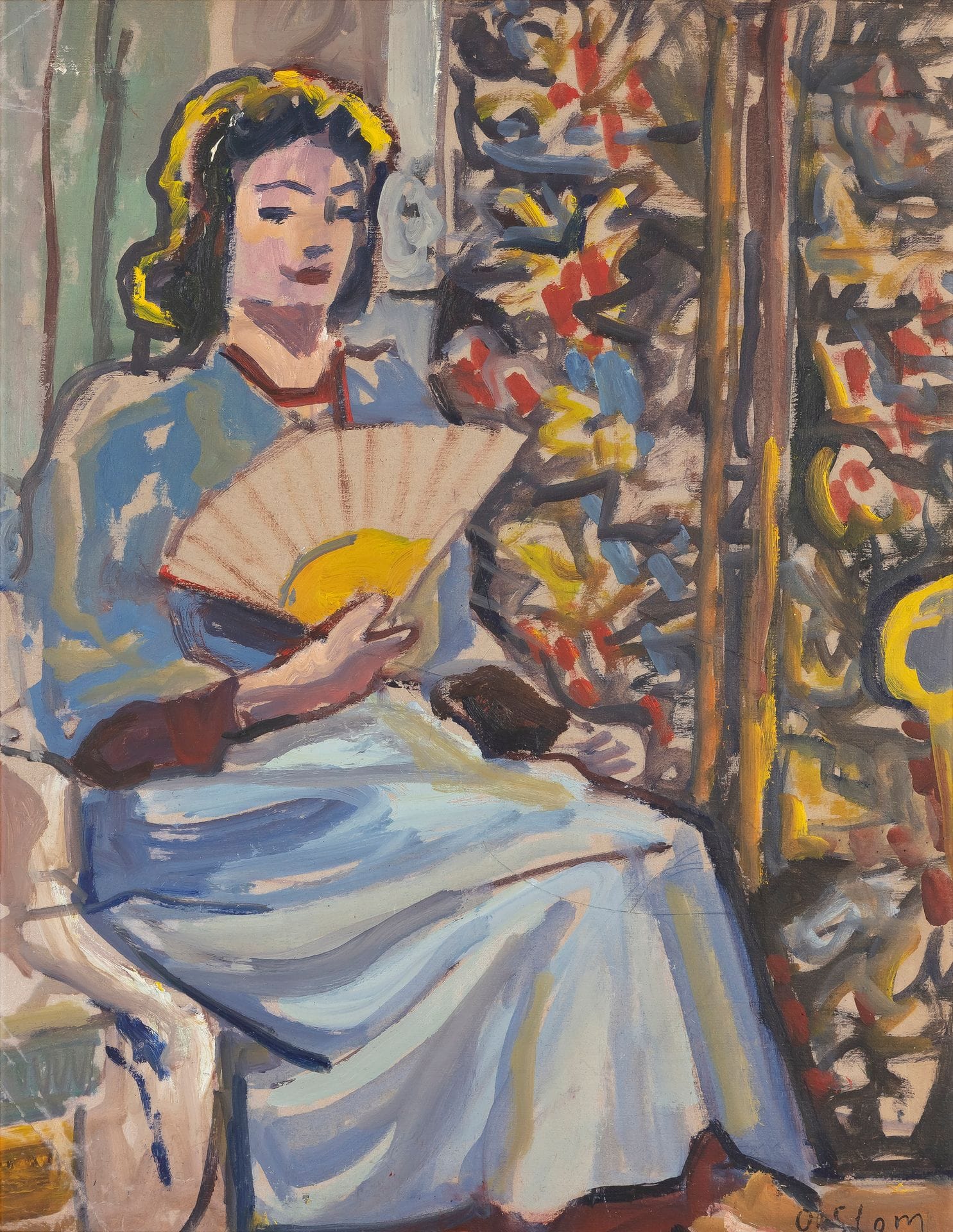 Olga SLOMCZYNSKA dit SLOM (1881-1941)
Femme à l’éventail, vers 1925-30
Huile sur papier.
Signée en bas à droite.
(Plis).
46 x 36 cm

Fille d’André Slom(czynski), lui-même artiste ; réfugié en Suisse après avoir participé à la Commune.