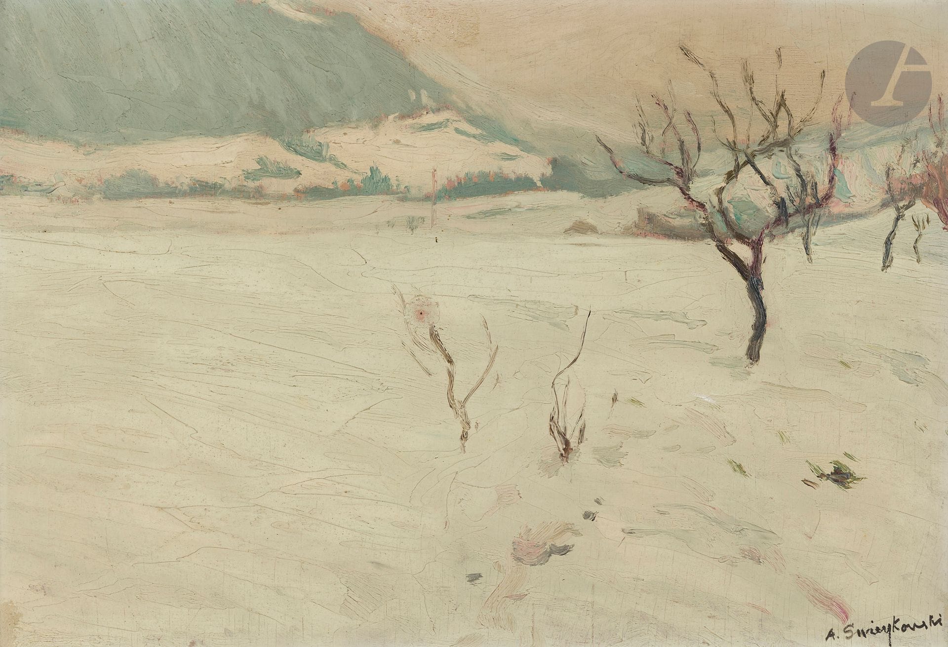Alfred SWIEYKOWSKI (1869-1953)
Paysage enneigé
Huile sur panneau.
Signée en bas à droite.
31 x 45 cm

