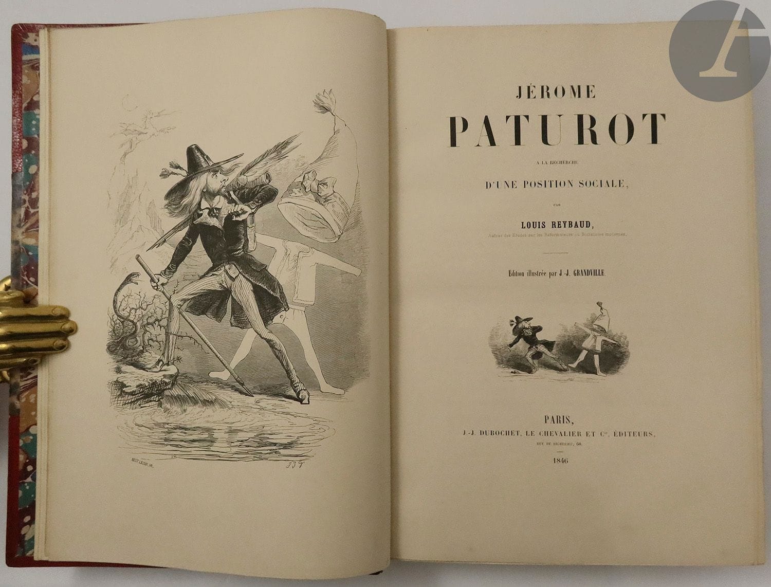 [GRANDVILLE] - REYBAUD (Louis).
Jérôme Paturot à la recherche d'une position sociale.
Paris : J.-J. Dubochet, Le Chevalier et Cie, 1846. — Grand in-8, demi-maroquin rouge à coins, filets dorés, dos à nerfs orné, tête dorée, non rogné, couverture et dos conservés (V. Champs).
Première édition illustrée, en partie originale, ornée de nombreuses vignettes dans le texte et de 32 planches, dont le frontispice, gravées sur bois d'après GRANDVILLE.

Jérôme Paturot est un jeune bourgeois faible et naïf, fils et petit-fils de bonnetiers, qui se croit bon à tout et qui tente par tous les moyens de se faire une place dans le monde. Ses aventures, à travers différents milieux de la société sous la Monarchie de Juillet, tournent toutes mal. Dans cette histoire, Reybaud fait, à travers son personnage, une sorte de résumé de tout ce qui se faisait à l'époque pour atteindre une position sociale, et dénonce les travers de la société du temps en se moquant des écrivains romantiques, des femmes de lettres, des peintres, et en s'attaquant à la stupidité bourgeoise, à la corruption administrative, à la Presse, etc.

C'est à contrecœur que Grandville illustra ce livre, il le fit cependant avec talent et humour signant là l'une de ses plus jolies productions. L'illustration face à la page 132 représente une assemblée d'écrivains et d'artistes, composée de Balzac, Dumas, Hugo, Stendhal, Berlioz, Litz, etc.

Très bel exemplaire relié par Victor Champs, complet des deux plats et du dos de la couverture générale, et enrichi des 24 premières couvertures de livraisons, correspondant aux livraisons 1 à 28. La page 102 est correctement chiffrée.
Frottements sur les nerfs, sinon exemplaire parfaitement conservé.