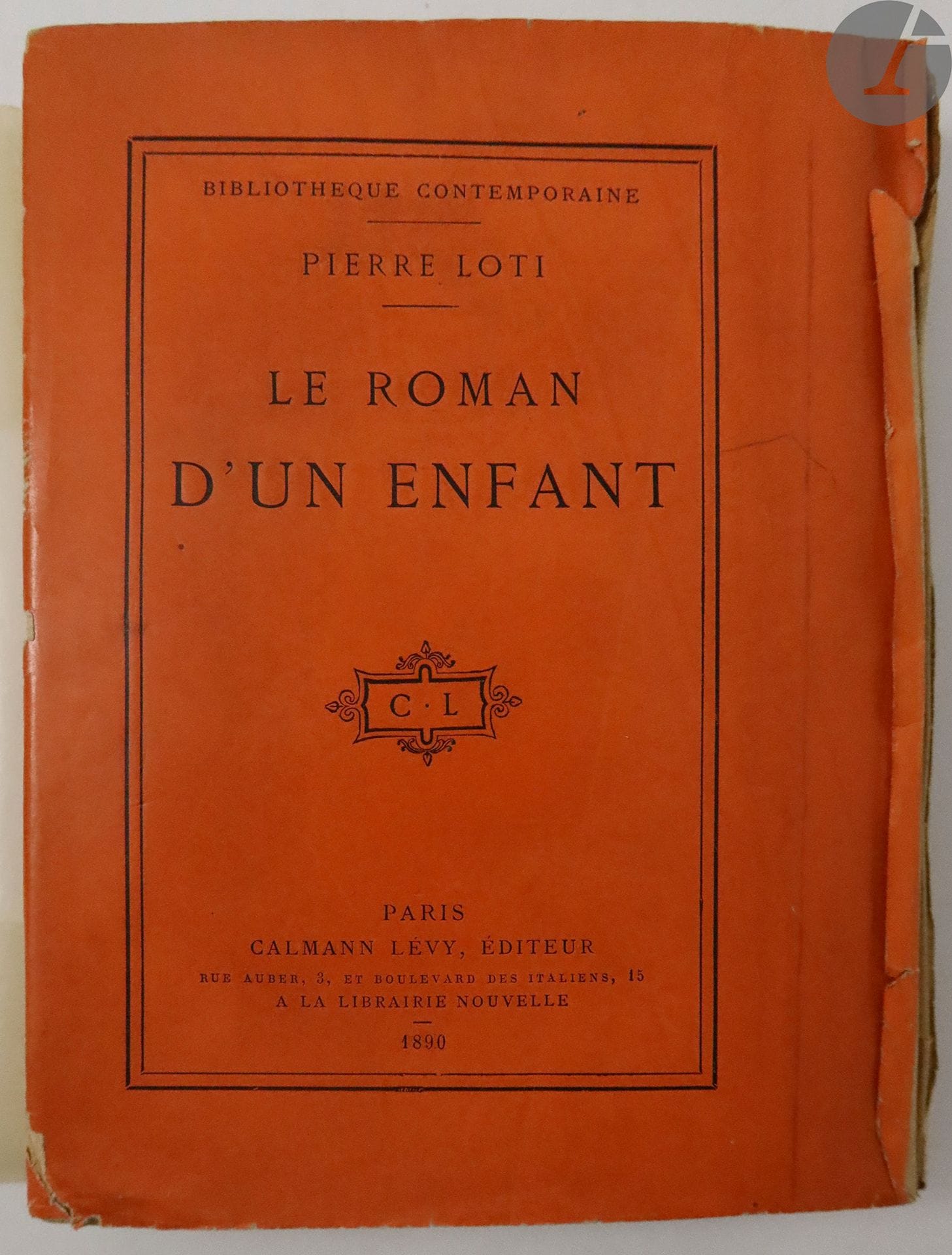 LOTI (Pierre).
Le Roman d'un enfant.
Paris : Calmann Lévy, 1890. - In-18, paperback.
First edition.
ONE OF 75 COPIES ON HOLLAND PAPER (n° 73).
Tears to the cover.




