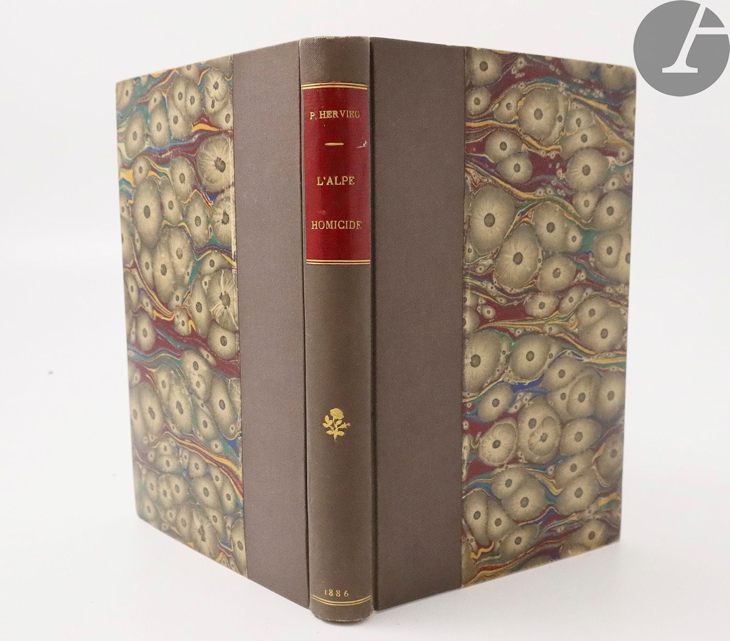 HERVIEU (Paul).
L'Alpe homicide.
Paris : A. Laurent, 1886. - In-18, grey half cloth with bradel, smooth spine decorated with a gilt fleuron, not trimmed (period binding).
First edition.

EXAMPLE OF JULIA DAUDET (1844-1940), ALPHONSE DAUDET'S NESTLINGS, on publisher's paper, with this autograph letter on the first page:

"To Madame Alphonse Daudet, // Very devoted homage // of a respectful confraternity // Paul Hervieu // 12/IV/87 "

The page on which the dedication appears also includes Julia Daudet's stamp



.





Important wetness throughout the copy.










