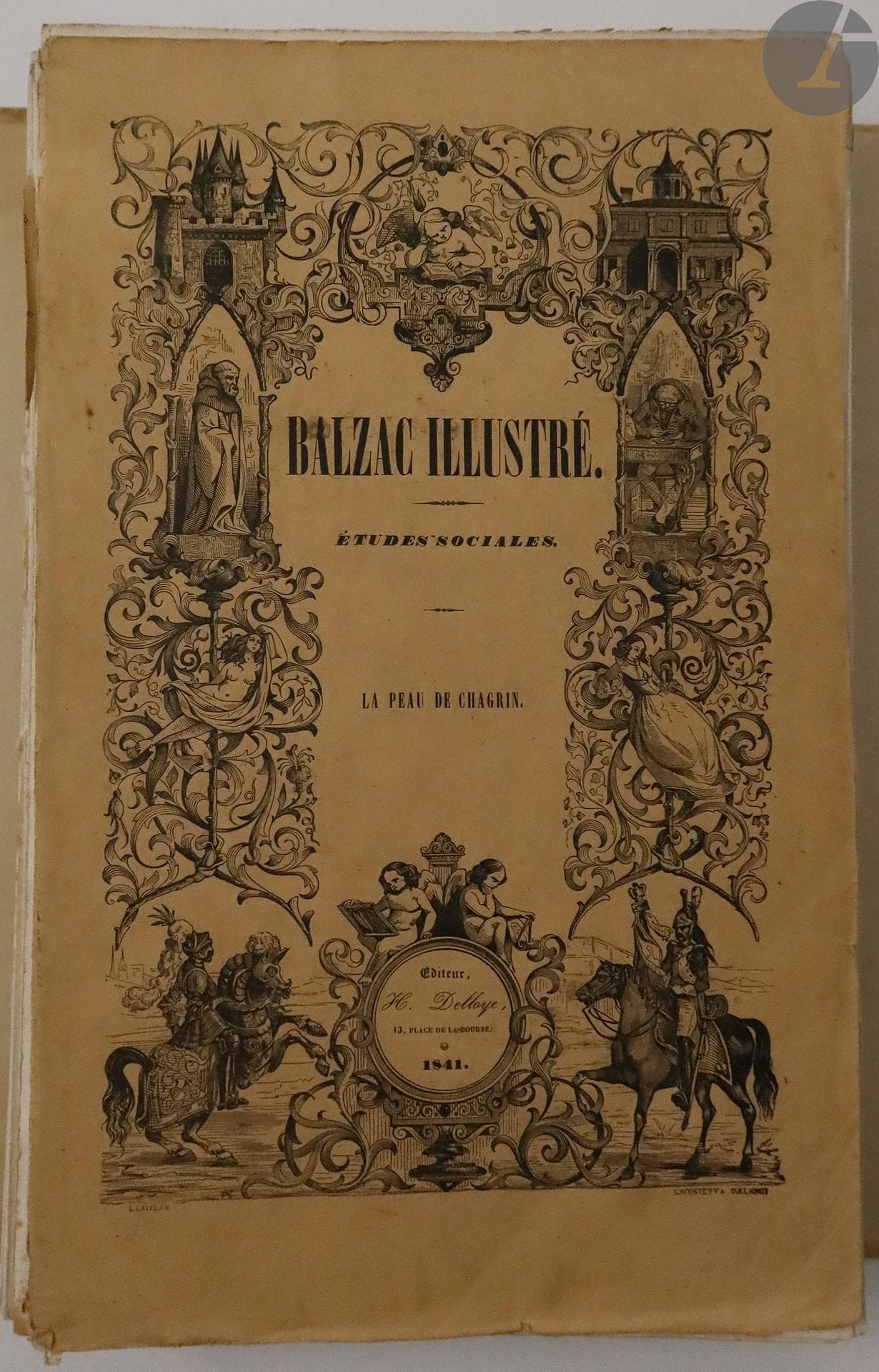 BALZAC (Honoré de).
La Peau de chagrin. Études sociales.
Paris : H. Delloye, Victor Lecou, 1838. — In-8, en feuilles, débroché, couverture conservée.
Première édition illustrée, en partie originale, ornée de plus de cent vignettes gravées sur acier d'après les compositions de Baron, Janet-Lange, Gavarni, Français et Marckl. Le texte compte plus de quatre cents variantes par rapport à l'édition précédente.

Exemplaire de remise en vente, avec la couverture datée de 1841, enrichi de 4 tirages sur chine appliqué, de la vignette de titre, et des compositions des pages 98, 149 et 287. On y trouve également un exemplaire du spécimen et deux feuillets de texte en double (pp. 13-14 et 193-194).

Exemplaire débroché, en vue d'être relié. Il est conservé dans un étui et une chemise cartonnée d'attente, à l'intérieure de laquelle il est indiqué qu'il devait être relié en veau vieux rouge. Le dos de la couverture n'a pas été conservé et le second plat présente une déchirure avec manque sur un bord. Quelques rousseurs marginales.