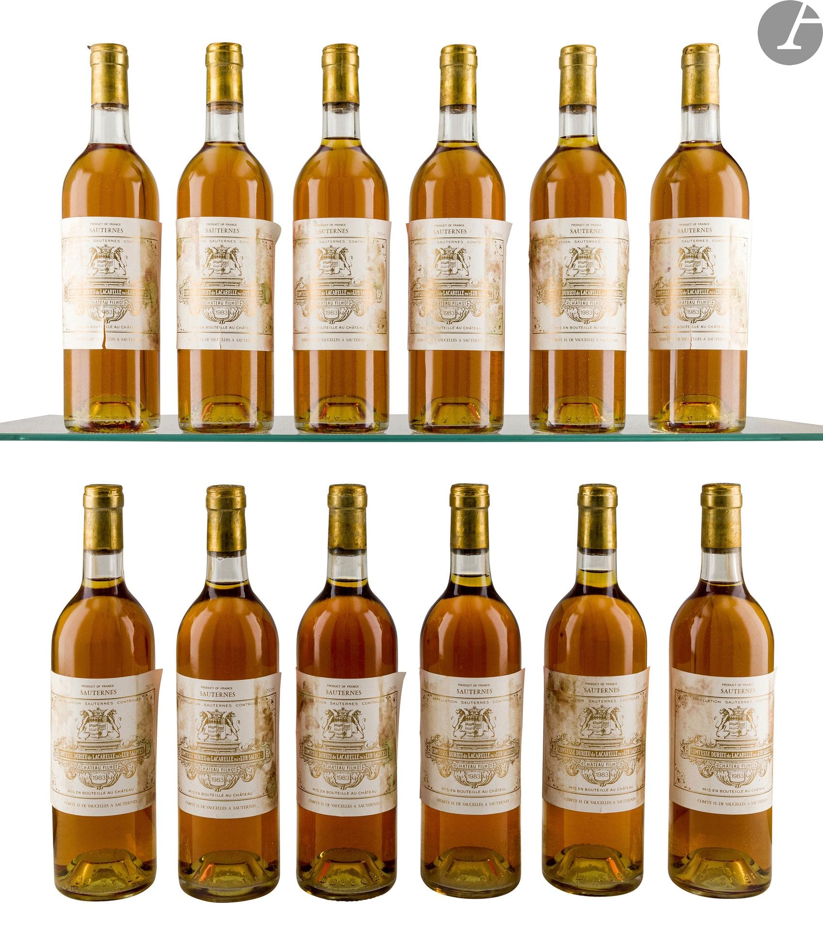12 B CHÂTEAU FILHOT (Caisse Bois d'origine) (5 B.G; 3 T.L.B.+; e.t.h. dont 3 e.t.a.), CC2 Sauternes, 1983