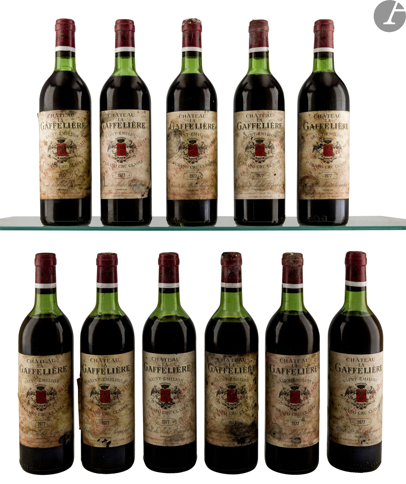 11 B CHÂTEAU LA GAFFELIÈRE (Caisse Bois d'origine sale de 12 remise à l'acquéreur) (2 B.G.-; 2 T.L.B; 5 H.E.+; 2 H.E et 2 M.E.+; e.t.h. à e.t.a; c.s. au c.c.), GCC1B Saint-Emilion, 1977