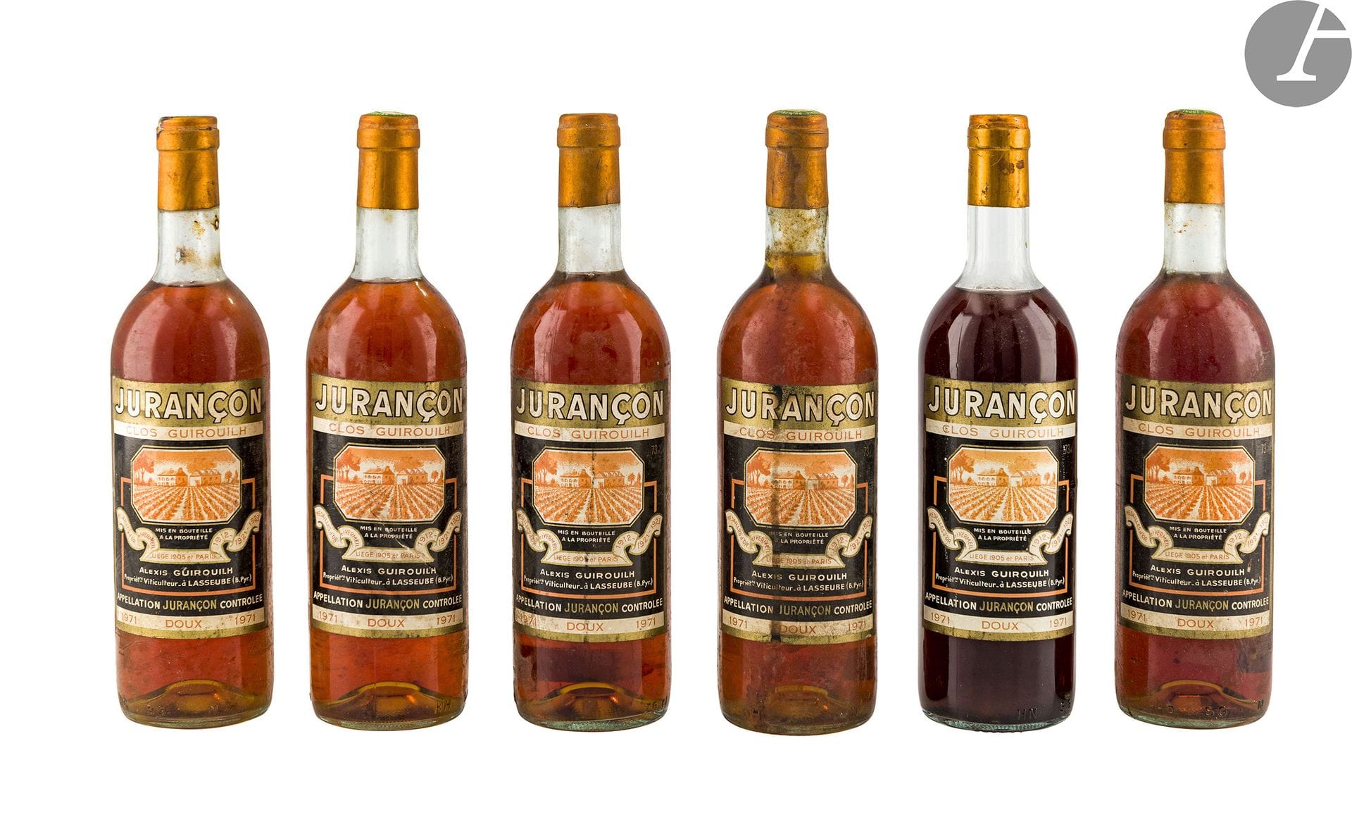 6 B JURANÇON CLOS GUIROUILH DOUX (2 T.L.B.+; 2 T.L.B. et 1 H.E.+; 4 e.t.h. légères; 2 e.t.h; c.s; 1 suintante), Alexis Guirouilh, 1971