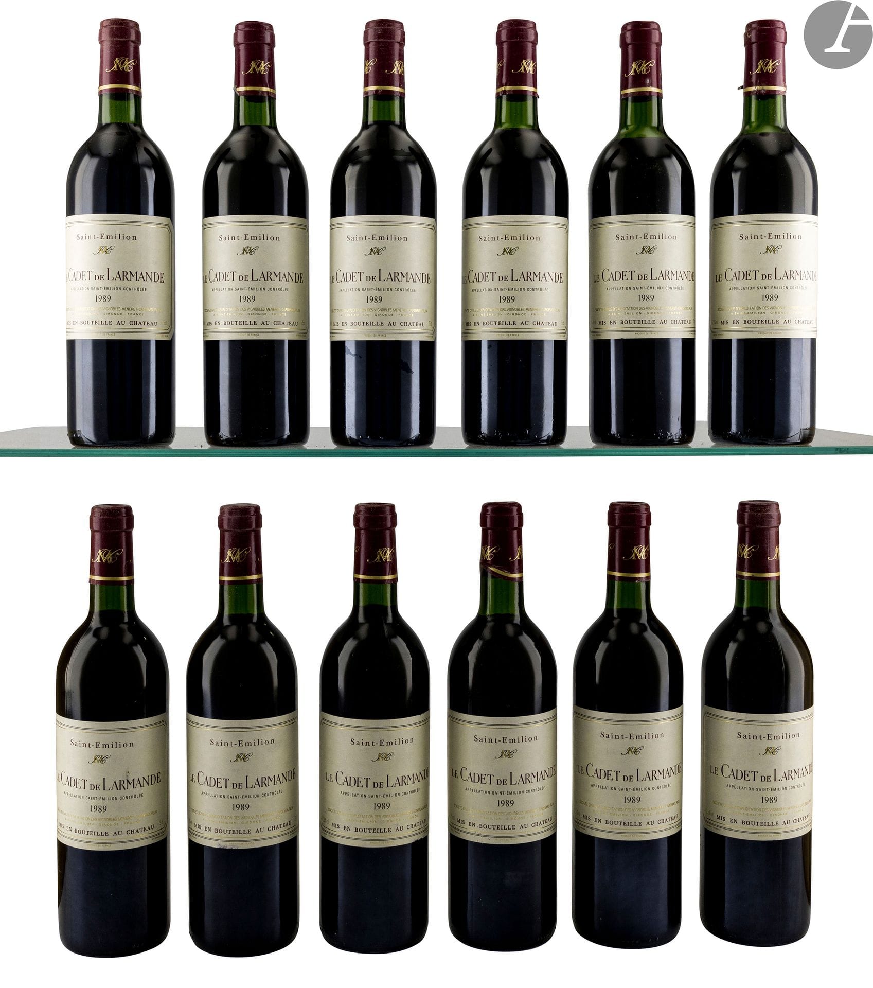12 B LE CADET DE LARMANDE (Caisse Bois d'origine) (11 T.L.B.+ ou mieux et 1 H.E.+; 6 c.a.), GC Saint-Emilion, 1989