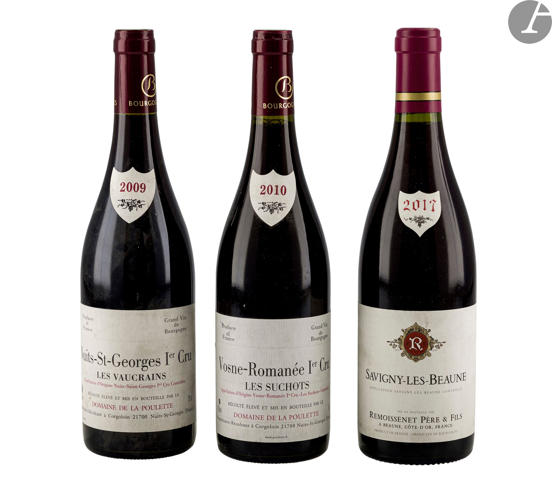 1 B VOSNE-ROMANÉE LES SUCHOTS (1er Cru), Domaine de la Poulette, 2010
1 B NUITS ST-GEORGES LES VAUCRAINS (1er Cru) (e.l.s.), Domaine de la Poulette, 2009
1 B SAVIGNY-LES-BEAUNE, Remoissenet P&F, 2017