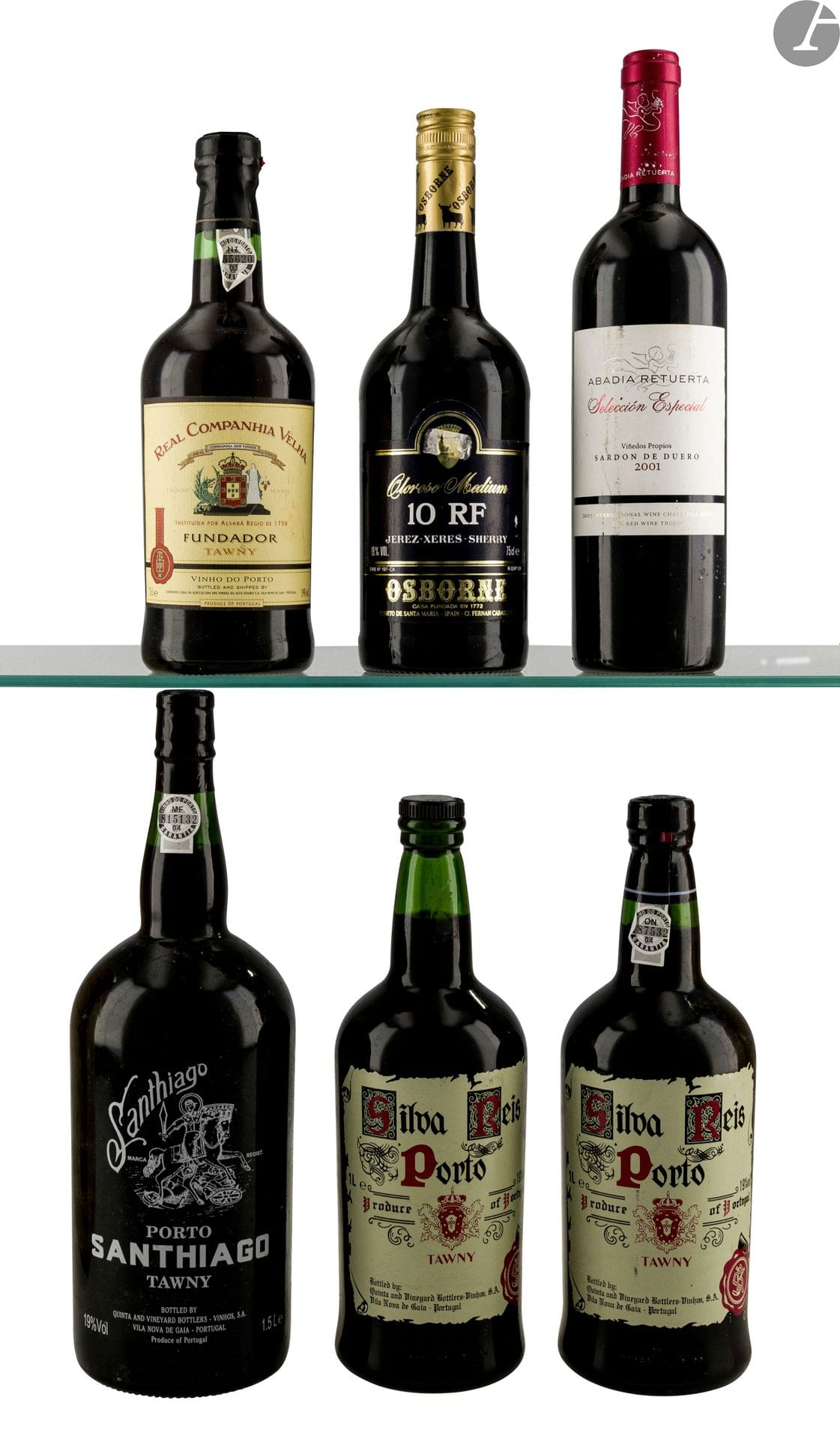 1 Mag PORTO SANTHIAGO TAWNY 150 cl 19% (1 c.a.), Vinhos S.A., NM
2 B PORTO TAWNY 100 cl 19%, Silva Reis, NM
1 B PORTO FUNTADOR TAWNY 75 cl 19%, Real Companhia, NM
1 B XERES OLORO MEDIUM, Osborne, NM{CR]1 B CASTILLA Y LEON SARDON DE DUERO ESPECIAL (e.l.a.), Abadia Retuerta, 2001