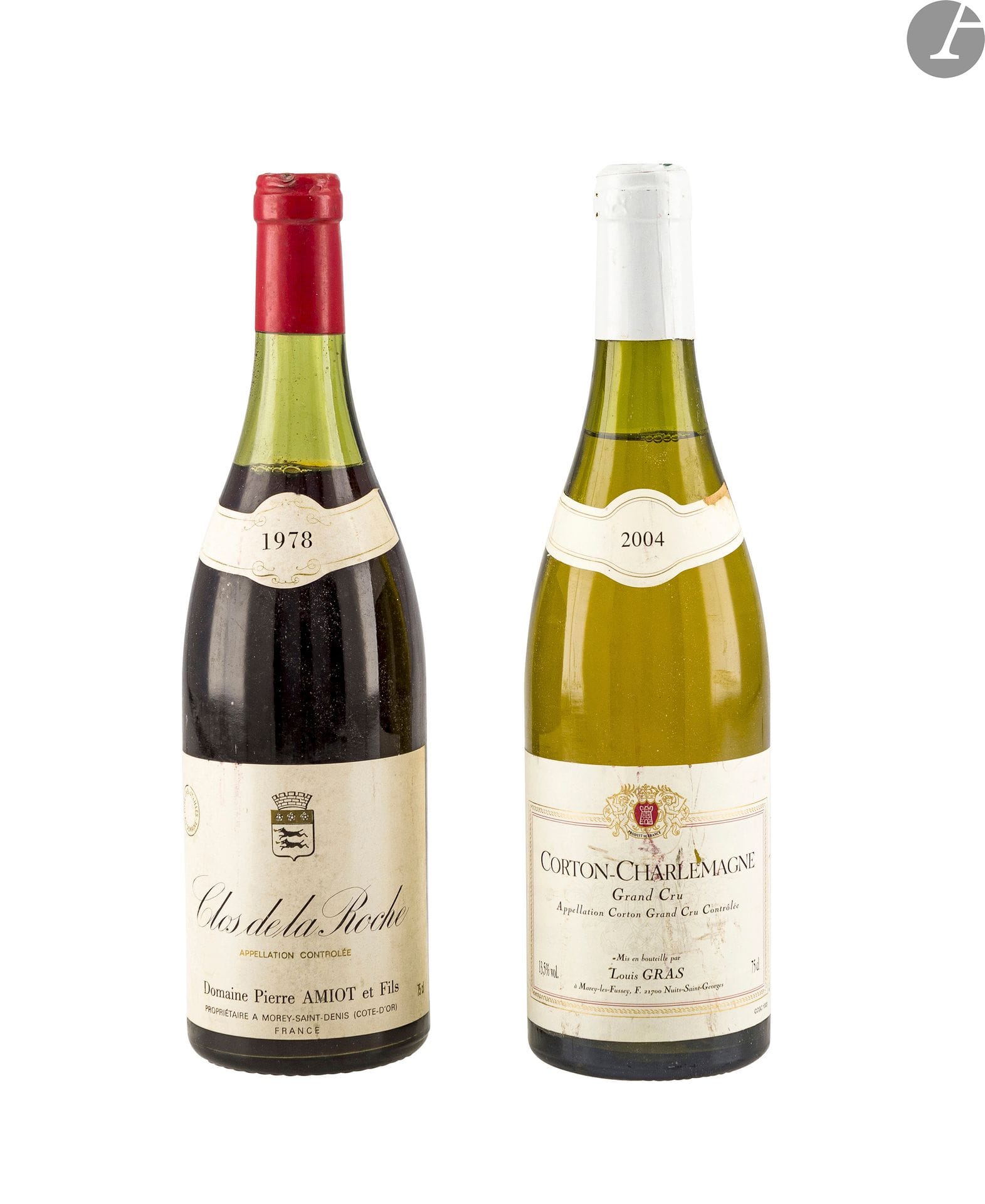1 B CLOS DE LA ROCHE (Grand Cru) (4,5 cm; e.l.a; c.l.a.), Domaine Pierre Amiot, 1978
1 B CORTON-CHARLEMAGNE (Grand Cru) (3 cm; e.a.), Louis Gras, 2004