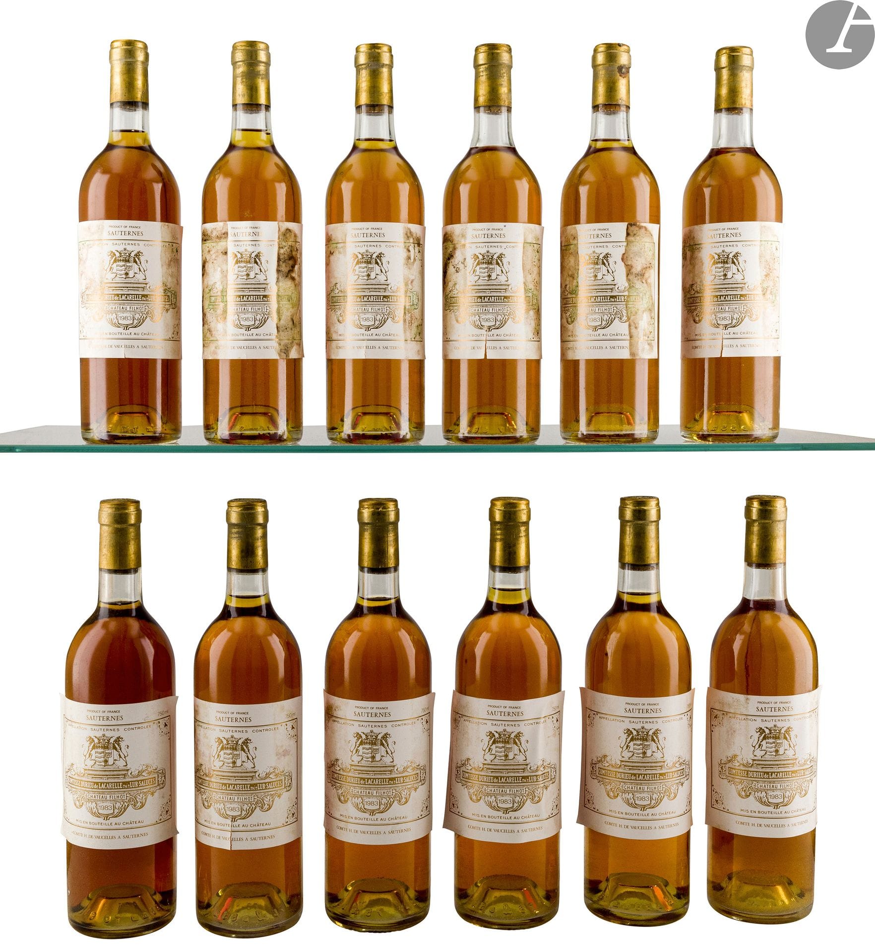 12 B CHÂTEAU FILHOT (Original wooden case) (1 B.G; 2 T.L.B.+; e.t.h. of which 5 e.a; 3 c.s; 1 bottom of pleated capsule), CC2 Sauternes, 1983