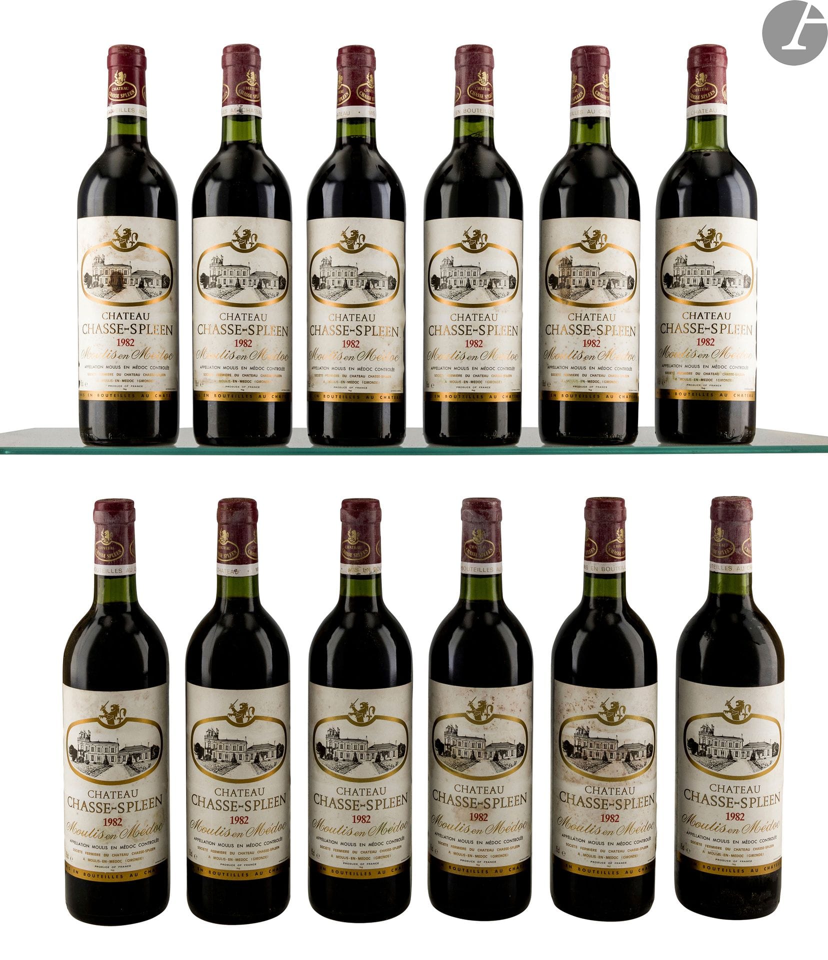 12 B CHÂTEAU CHASSE-SPLEEN (Caisse Bois d'origine) (5 B.G; 1 T.L.B; e.t.h. dont 1 e.a; c.s.), Moulis, 1982