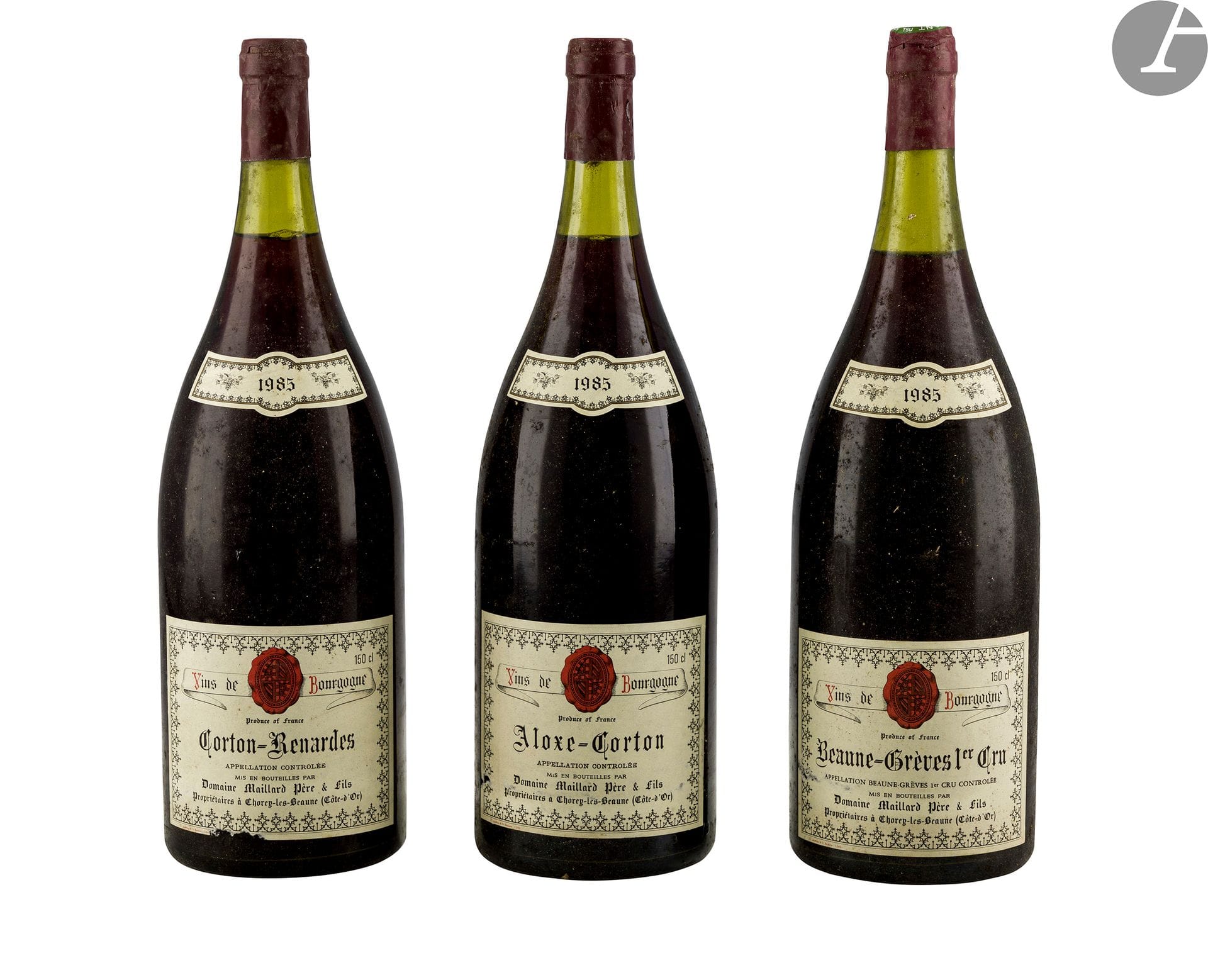 1 Mag CORTON-RENARDES (Grand Cru) (3 cm; e.a.), Domaine Michel Maillard, 1985
1 Mag BEAUNE-GRÈVES (1er Cru) (4,3 cm), Domaine Michel Maillard, 1985
1 Mag ALOXE-CORTON (3 cm; e.l.a.), Domaine Michel Maillard, 1985