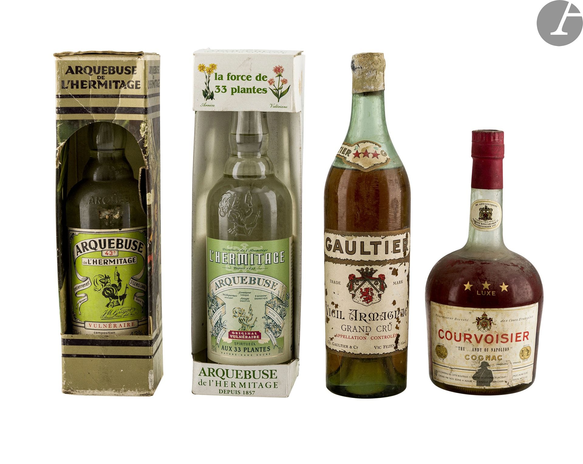 1 B COGNAC LUXE 70 cl 40% (L.B; e.t.a.), Courvoisier, NM
1 B VIEIL ARMAGNAC GRAND CRU (6,5 cm; e.t.a; c.c. à c.a.), Gaultier, NM
2 B ARQUEBUSE VULNÉRAIRE 70 cl 43% (étui), L'Hermitage, NM