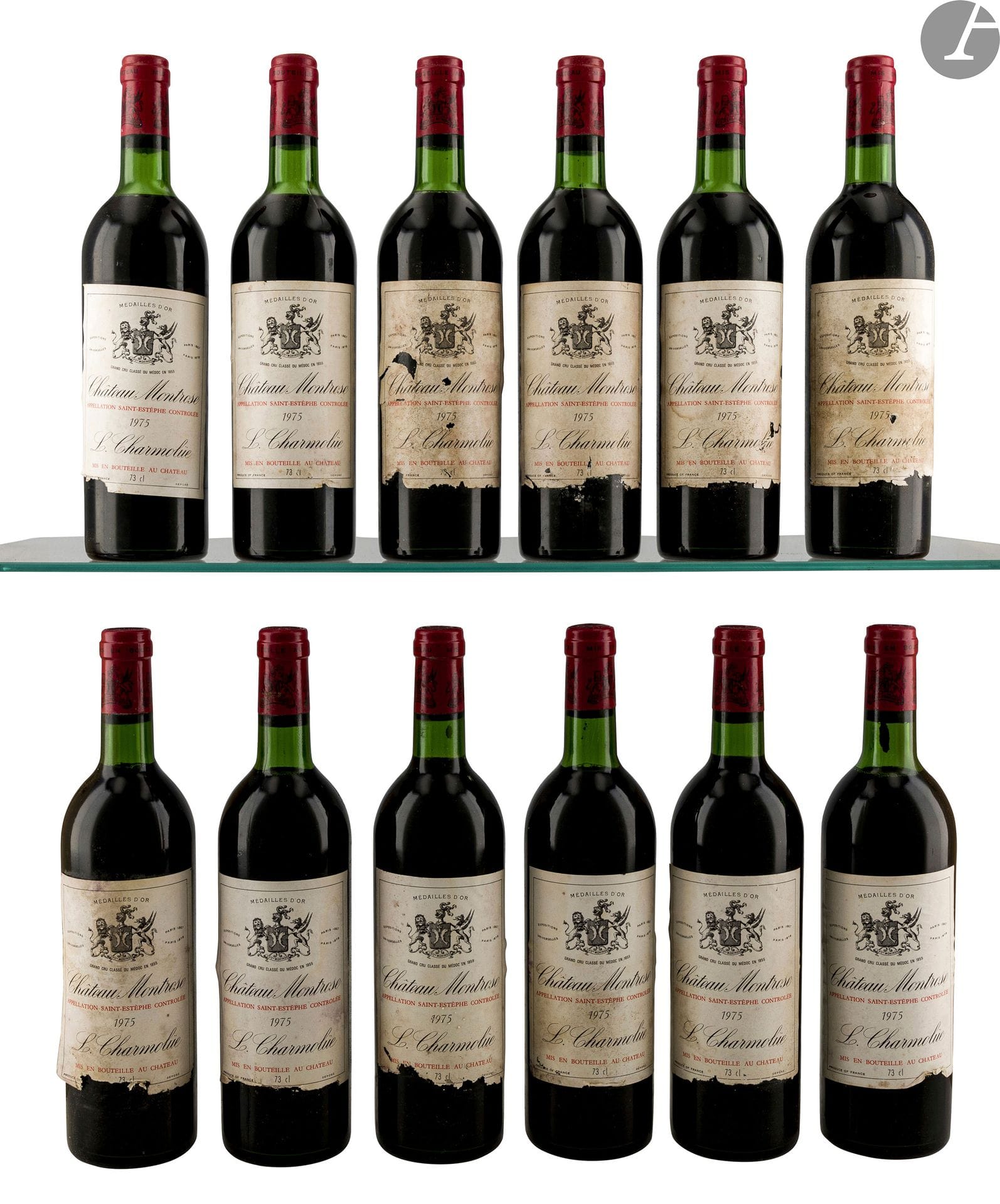 12 B CHÂTEAU MONTROSE (Caisse Bois d'origine sale) (2 B.G; 4 T.L.B.+; 4 T.L.B; e.t.a; 2 c.s. légères au sommet), GCC2 Saint-Estèphe, 1975