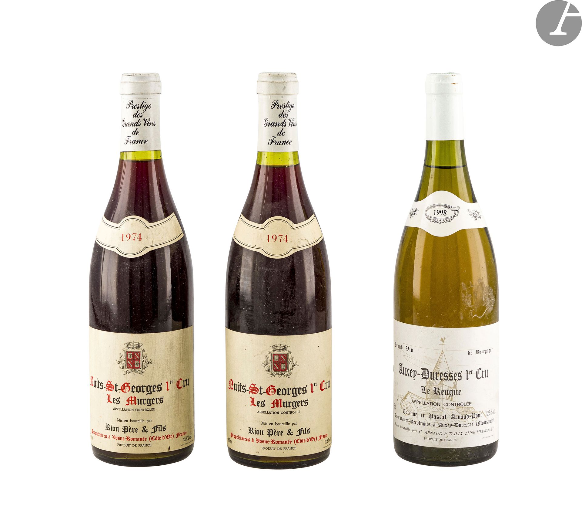 2 B NUITS ST-GEORGES LES MURGERS (1er Cru) (clm.s.), Domaine Rion Père & Fils, 1974
1 B AUXEY-DURESSES LE REUGNE Blanc (1er Cru), Domaine Arnaud-Pont, 1998