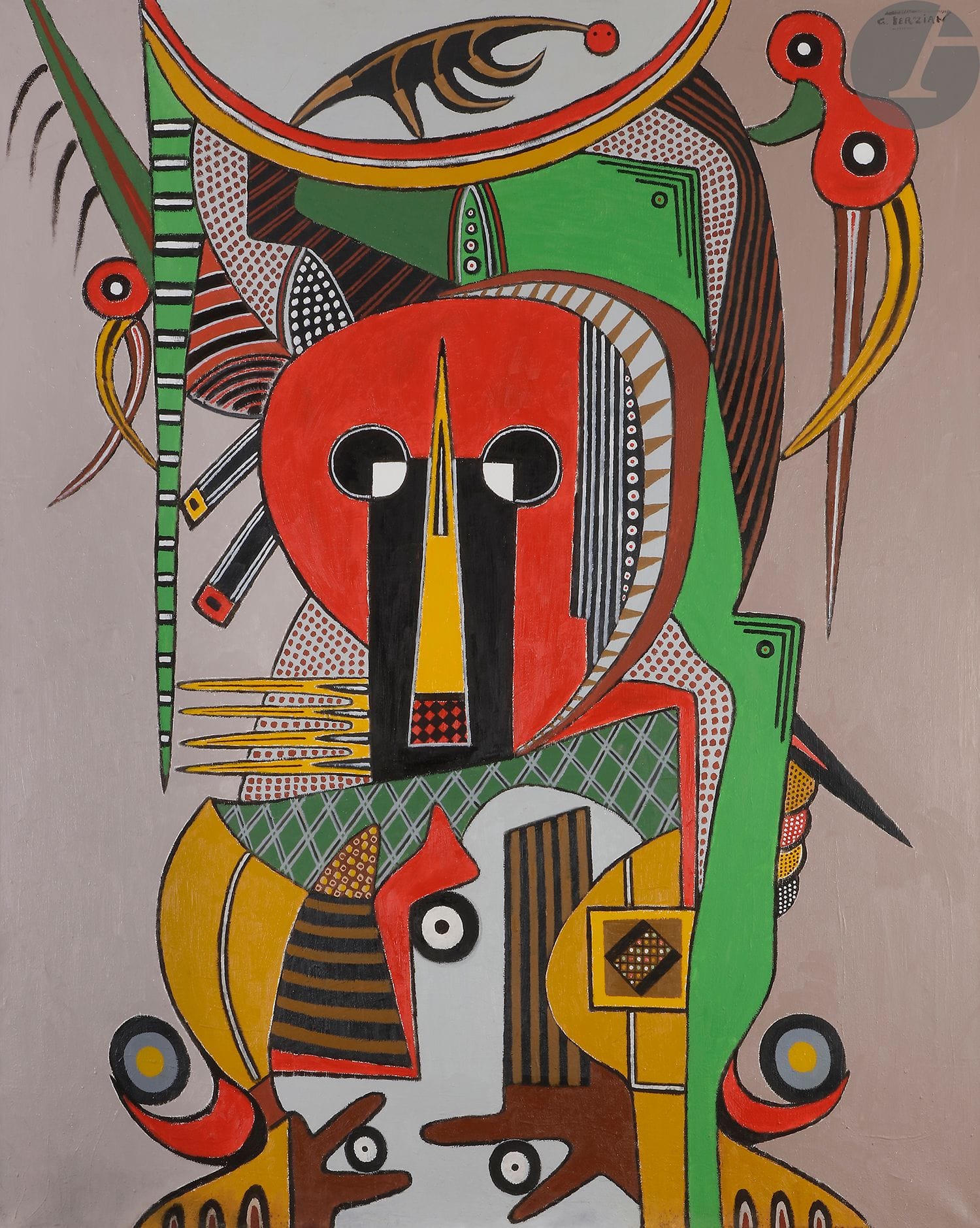 GEORGES TERZIAN (1939-2021) 
Le Chef des Macomba, 1999 
Huile sur toile. 
Signée en haut à droite. 
Signée, datée et titrée au dos. 
162 x 130 cm