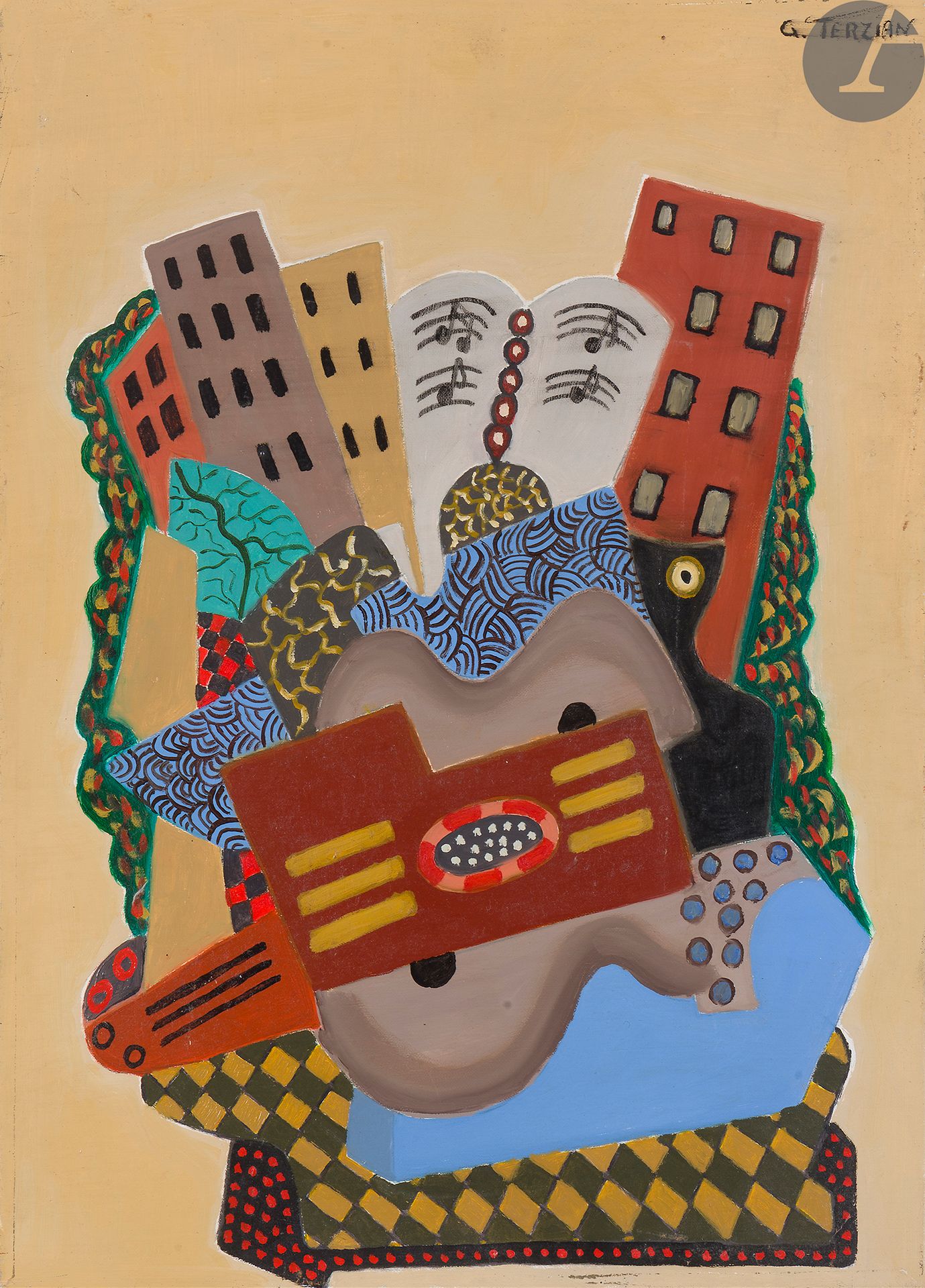 GEORGES TERZIAN (1939-2021) 
Les Immeubles et la guitare
Huile sur toile. 
Signée en haut à droite. 
46,5 x 33 cm