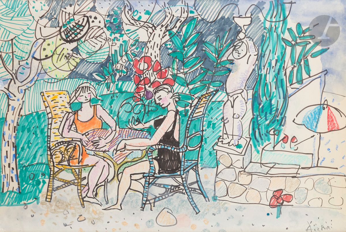 Paul AÏZPIRI (1919-2016)
Jardin à Beauvallon
Aquarelle, feutre et crayon gras.
Signée en bas à droite.
39 x 57 cm