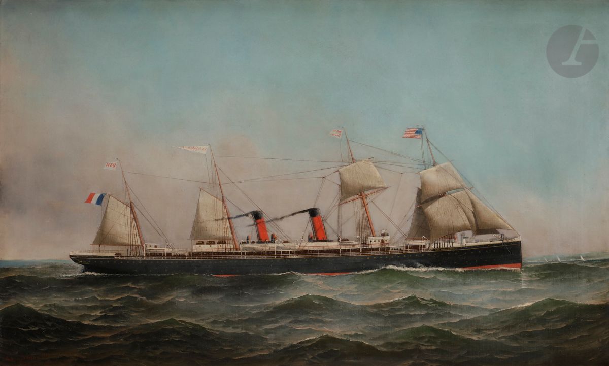 Antonio JACOBSEN (1850-1921
)Liner The Normandy, 1888Oil
on canvas.
Signed, dated and annotated lower left.
(Restorations).
92 x 56 cmLaunched

on October 28, 1882 under the name of Normandie, it is the first ship of the new generation of the Compagnie Générale Transatlantique to pass the capacity of 1,000 passengers

.

It was the first ship of the company to be equipped with electric lighting. She left for her first voyage from Le Havre to New York on 5 May 1883, which she completed in 8 days and 11 hours.






