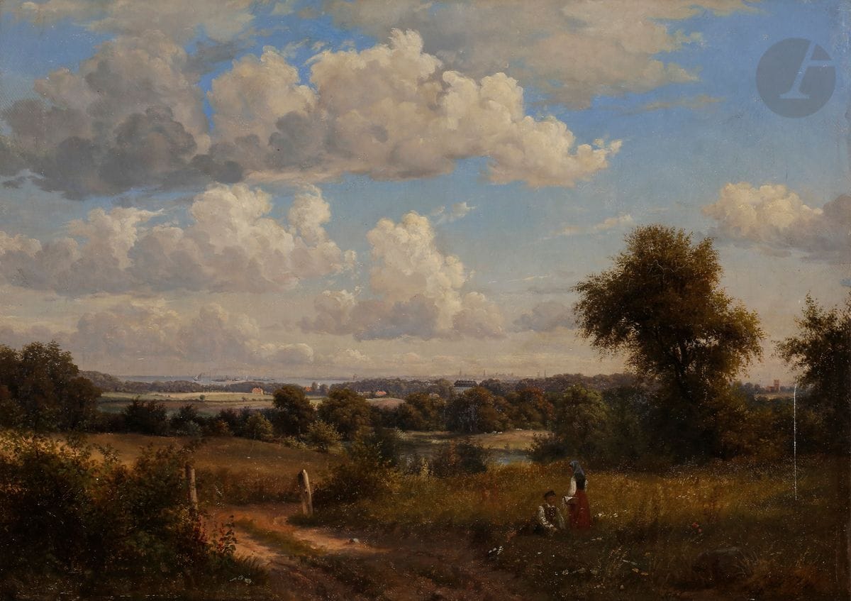 Oscar Magnus LÖFDAHL (1811-1895) 
Couple avec vue sur Copenhague 
Huile sur toile. 
Signée en bas à droite. 
39 x 55 cm 

Provenance : 
Vente Phillips, Londres, 12 mars 1996, n° 24.