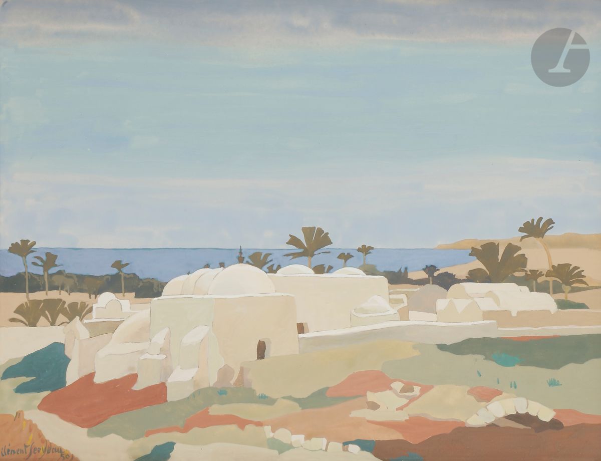 CLÉMENT-SERVEAU (1886-1972)
Vue de village marocain en bord de mer, 1950
Gouache.
Signée et datée en bas à gauche.
25,5 x 33 cm
