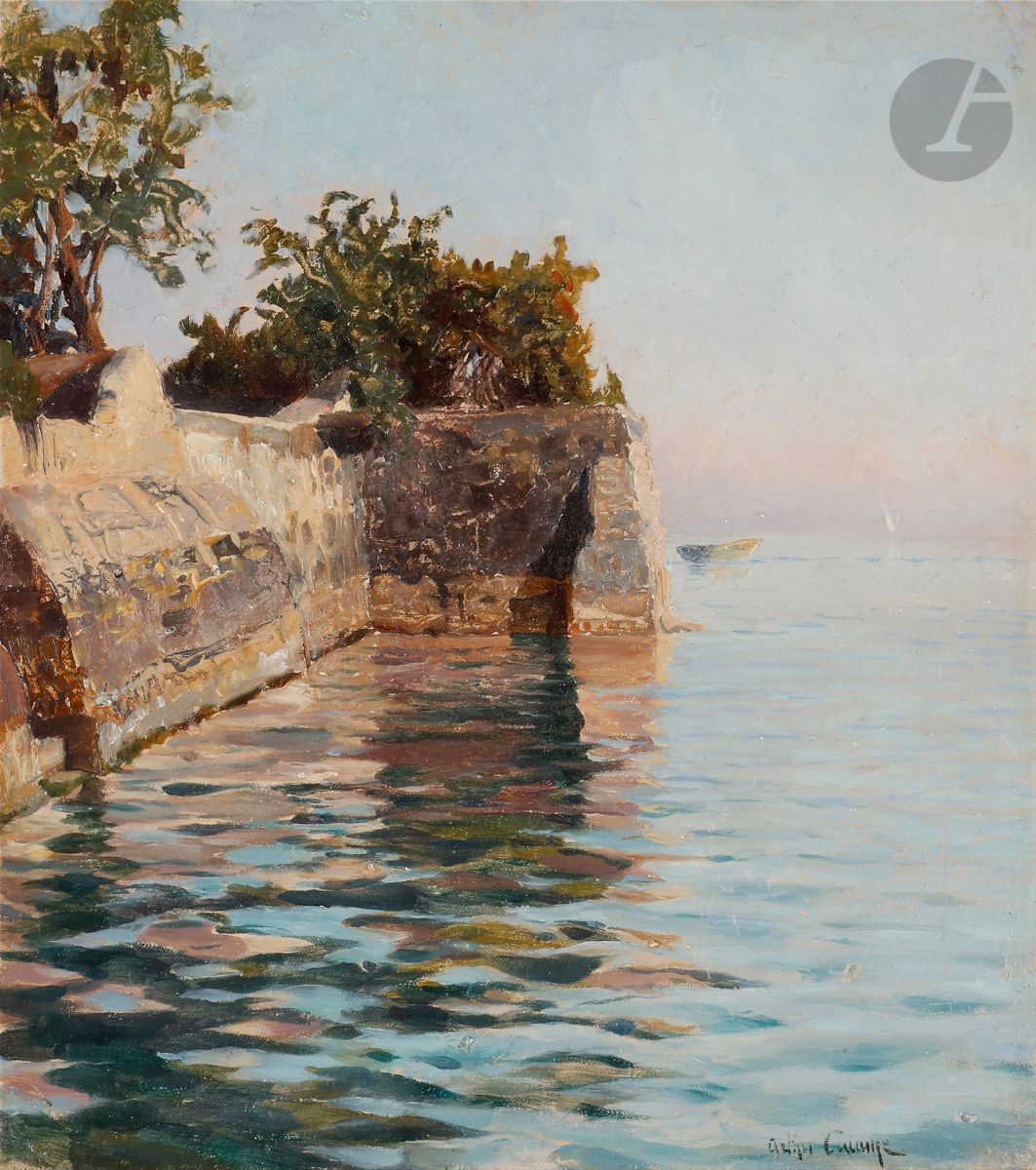 Arthur CALAME (1843-1919)
Villa en bord de Mer, 1885
Huile sur toile montée sur carton.
Signée en bas à droite.
19,5 x 19 cm