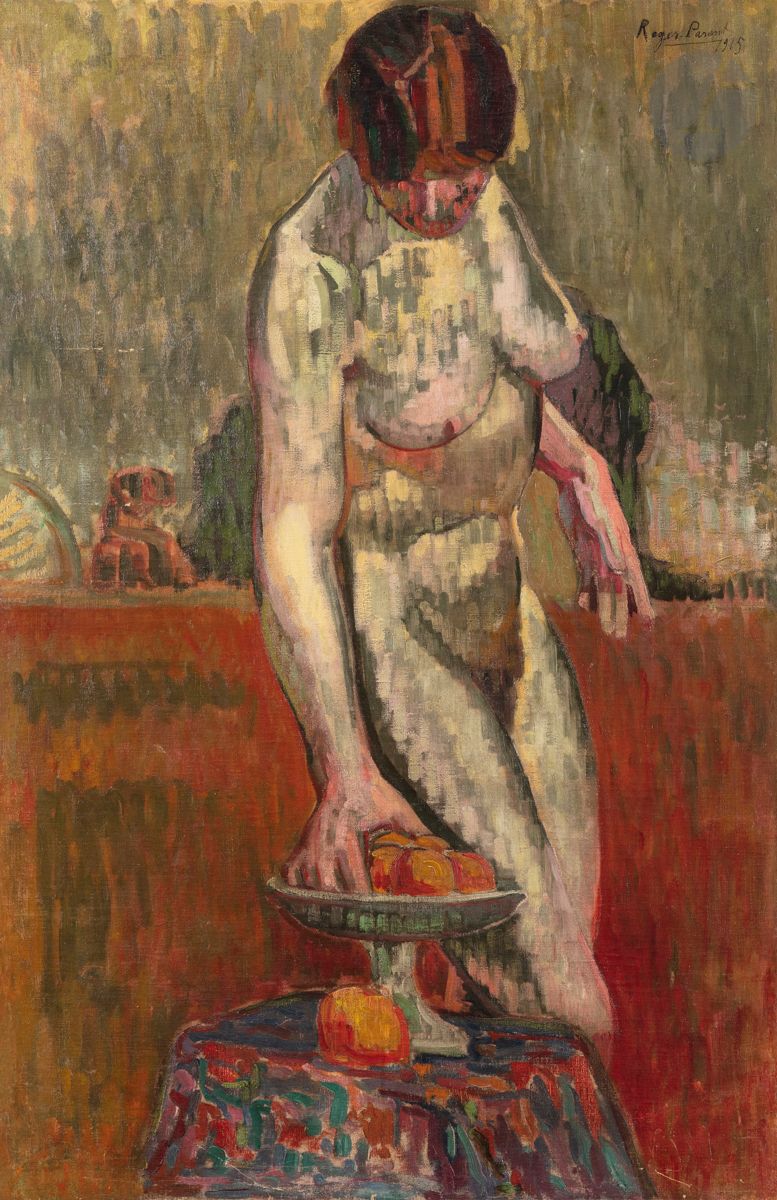 Roger PARENT (1881-1986)
Nu à la coupe de fruits, 1915
Huile sur toile.
Signée et datée en haut à droite.
(Rentoilé, craquelures).
100 x 65 cm
