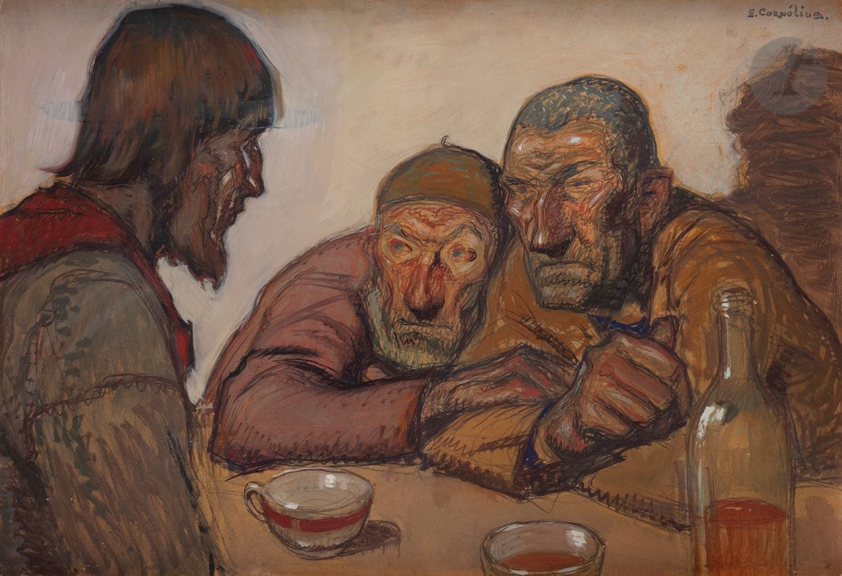 Jean Georges CORNELIUS (1880-1963)
Les Pèlerins d’Emmaüs
Huile sur carton.
Signée en haut à droite.
63 x 92 cm

Exposition : 
Peintres de la Bretagne et quête spirituelle, Musée de Pont-Aven, 24 juin - 25 septembre 2006 (étiquette au dos).