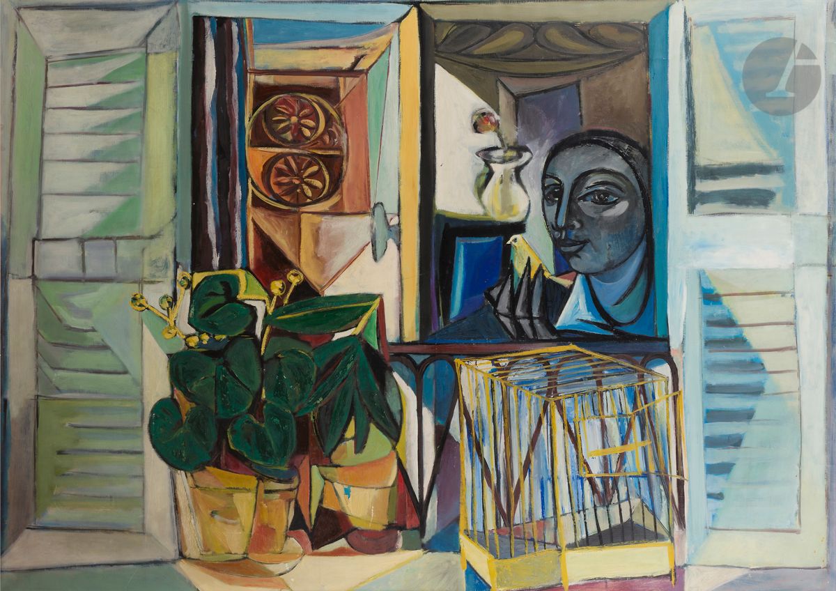 Georges-Henri PESCADÈRE (1915-2003)
La Femme et l’oiseau à la fenêtre
Huile sur toile.
113 x 145 cm