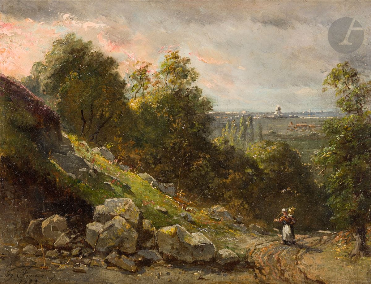 Guillaume Romain FOUACE (1827-1895)
La Porteuse d’eau
Huile sur toile.
Signée et datée en bas à gauche.
(Restauration).
27 x 35 cm