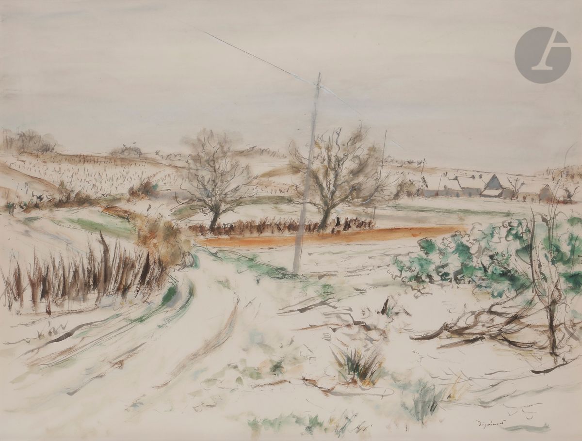 André DIGNIMONT (1891-1965)
Paysage de neige
Encre, aquarelle et gouache.
Signée en bas à droite.
49 x 63,5 cm

Exposition : 
Dignimont, Galerie Charpentier, Paris, 1951 (étiquette au dos).