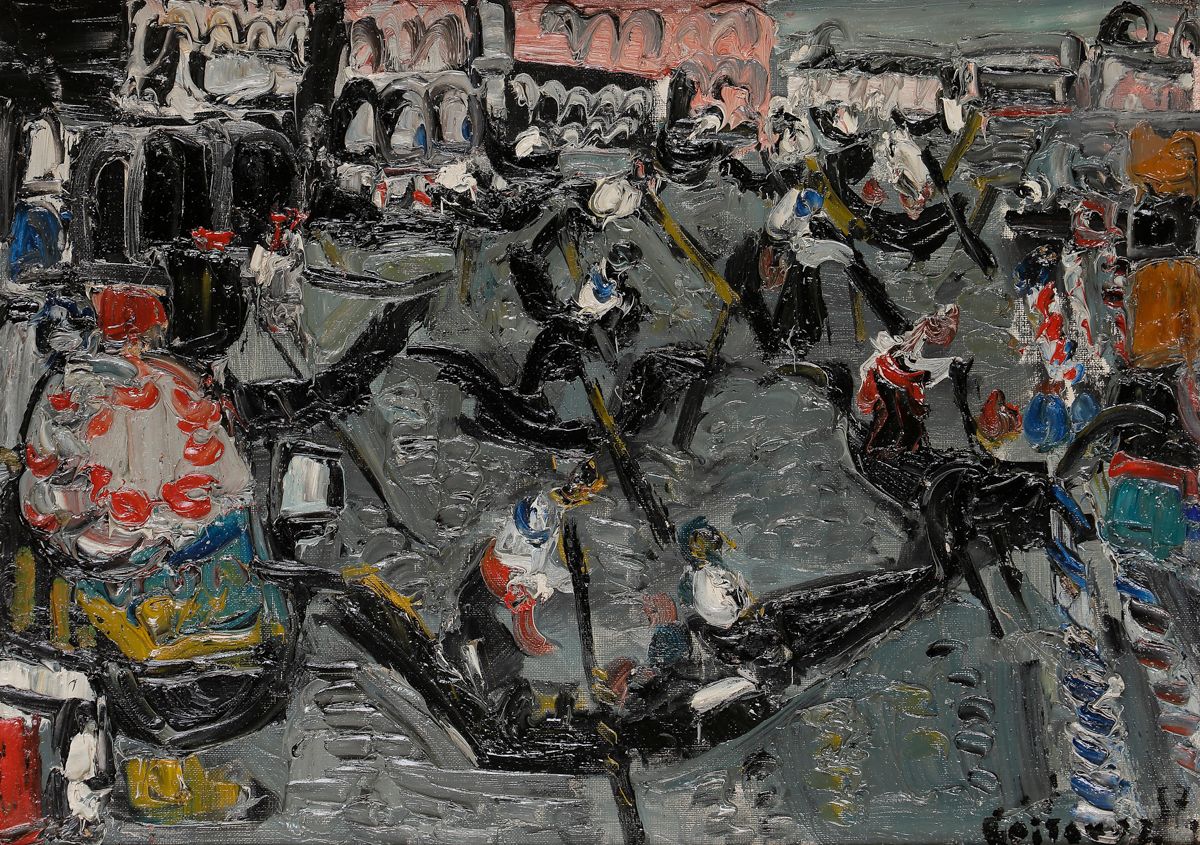 André COTTAVOZ (1922-2012)
Les Gondoles, 1957
Huile sur carton.
Signée et datée en bas à droite.
Signée, datée et titrée au dos.
33 x 46 cm