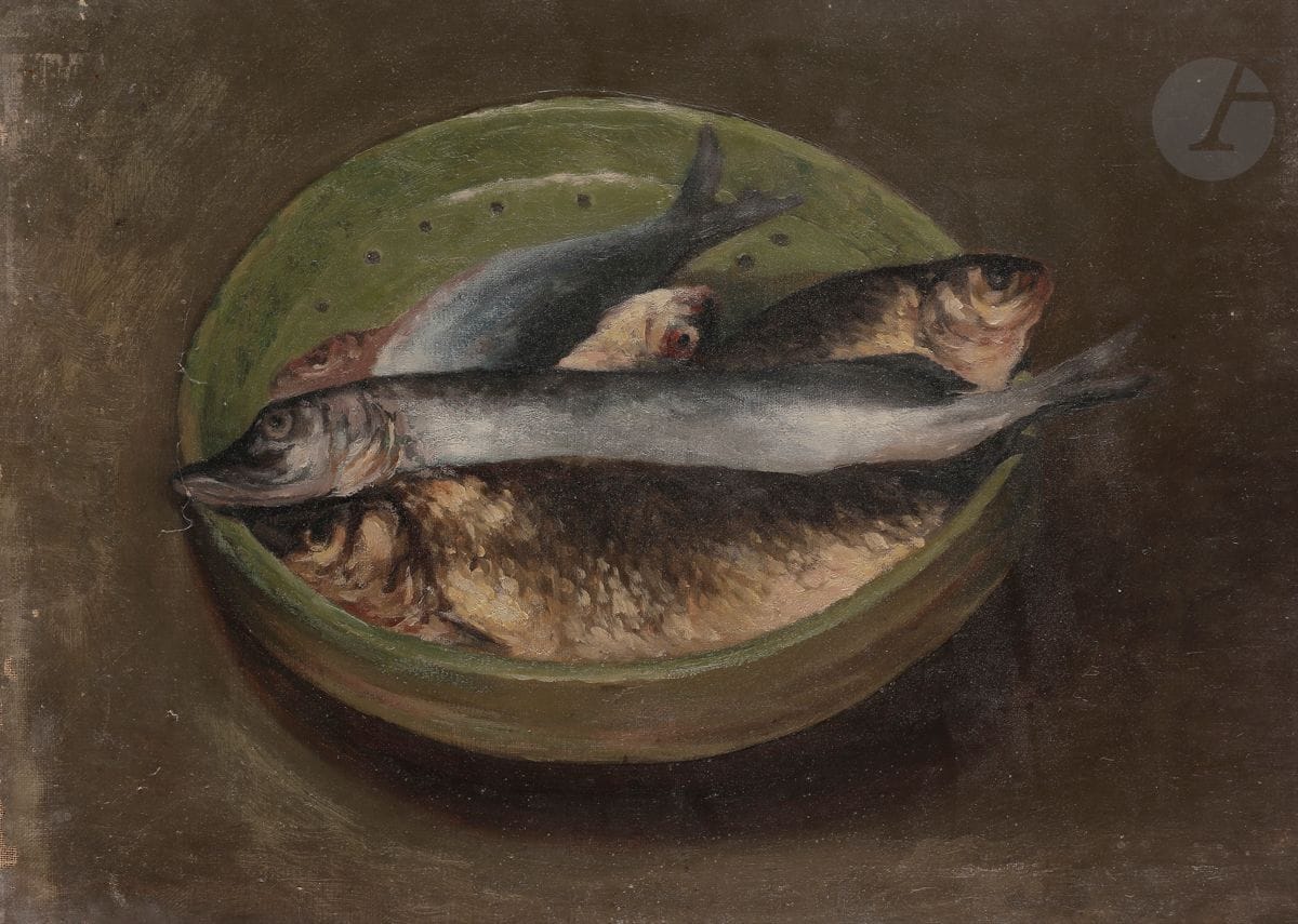 Docteur Paul GACHET dit Paul VAN RYSSEL (1828-1909)
Poissons de mer et d’eau douce
Huile sur toile.
(Manques).
33 x 46 cm