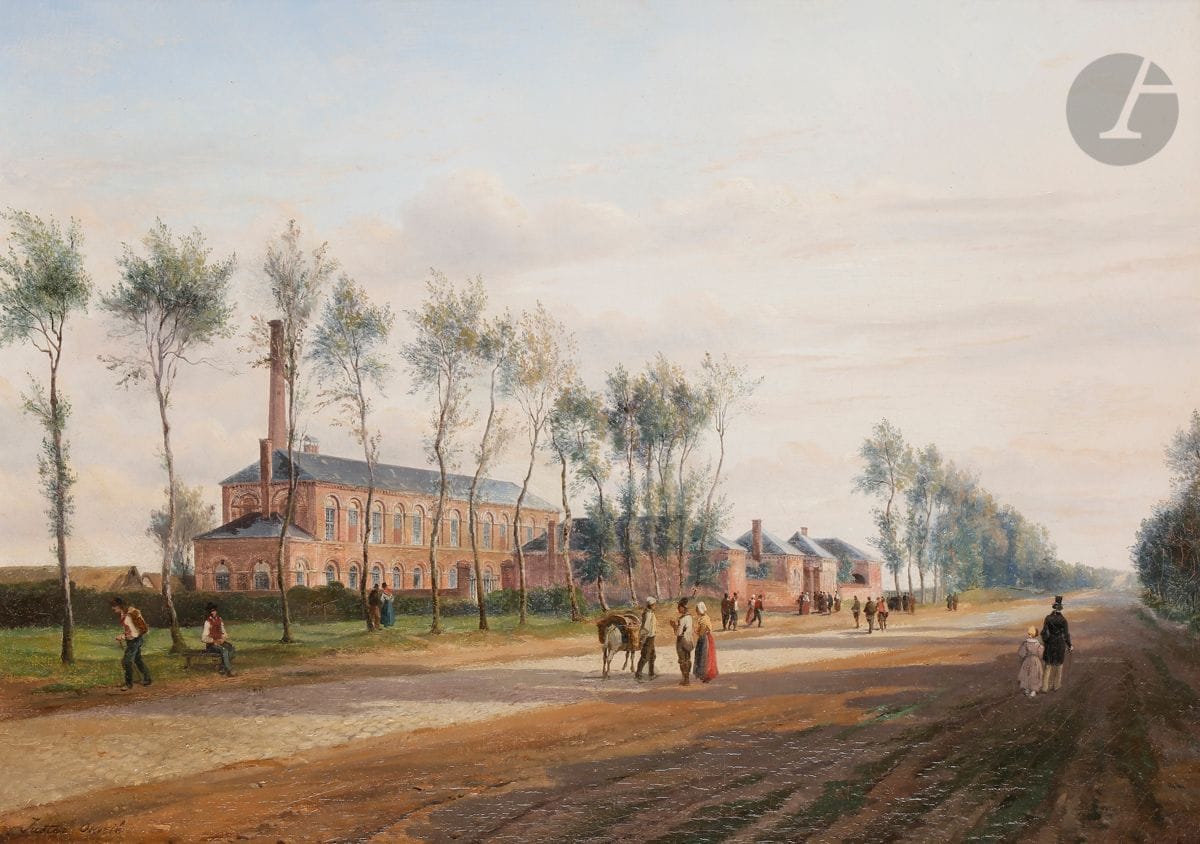 Justin-Pierre OUVRIE (1808-1897)
La Sortie de l’usine
Huile sur toile.
Signée en bas à gauche.
(Rentoilée).
45 x 64 cm
