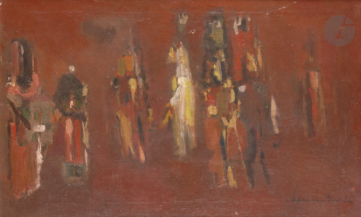 Hans VAN HOECKE (XXe siècle)
Silhouette, 1964
Huile sur toile.
Signée en bas à droite.
Datée au dos.
38 x 62 cm