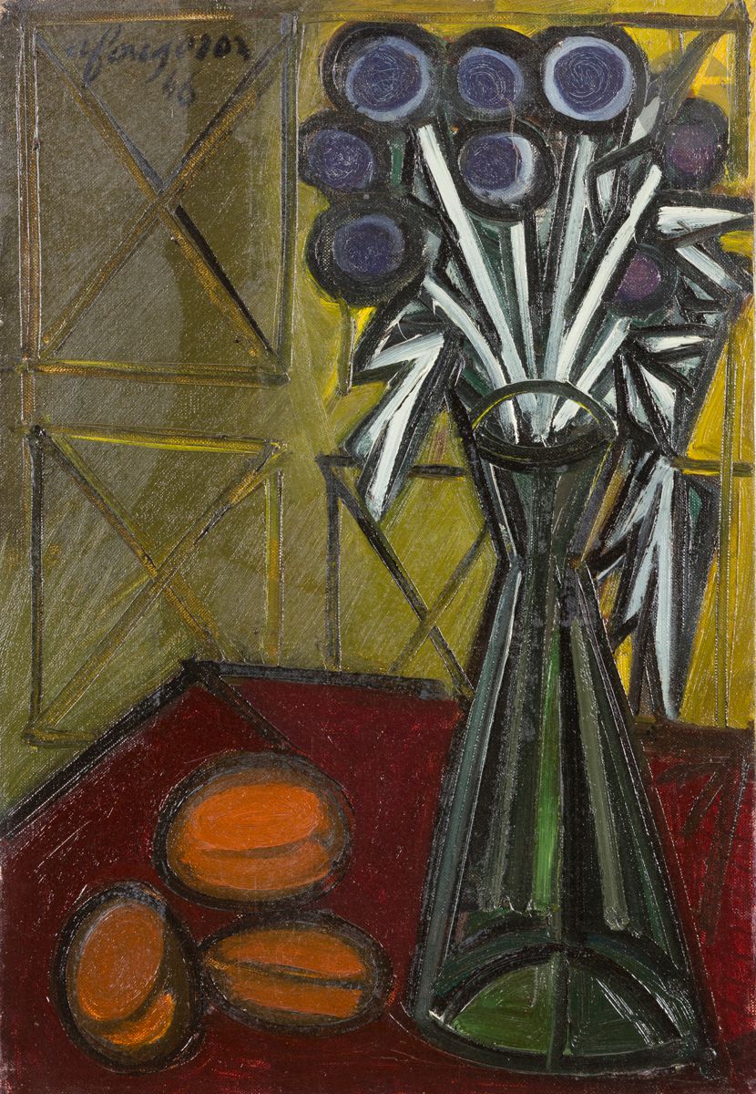 André FOUGERON (1913-1998)
Vase de fleurs et fruits, 1946
Huile sur toile.
Signée et datée en haut à gauche.
Signée et datée au dos.
55 x 38 cm