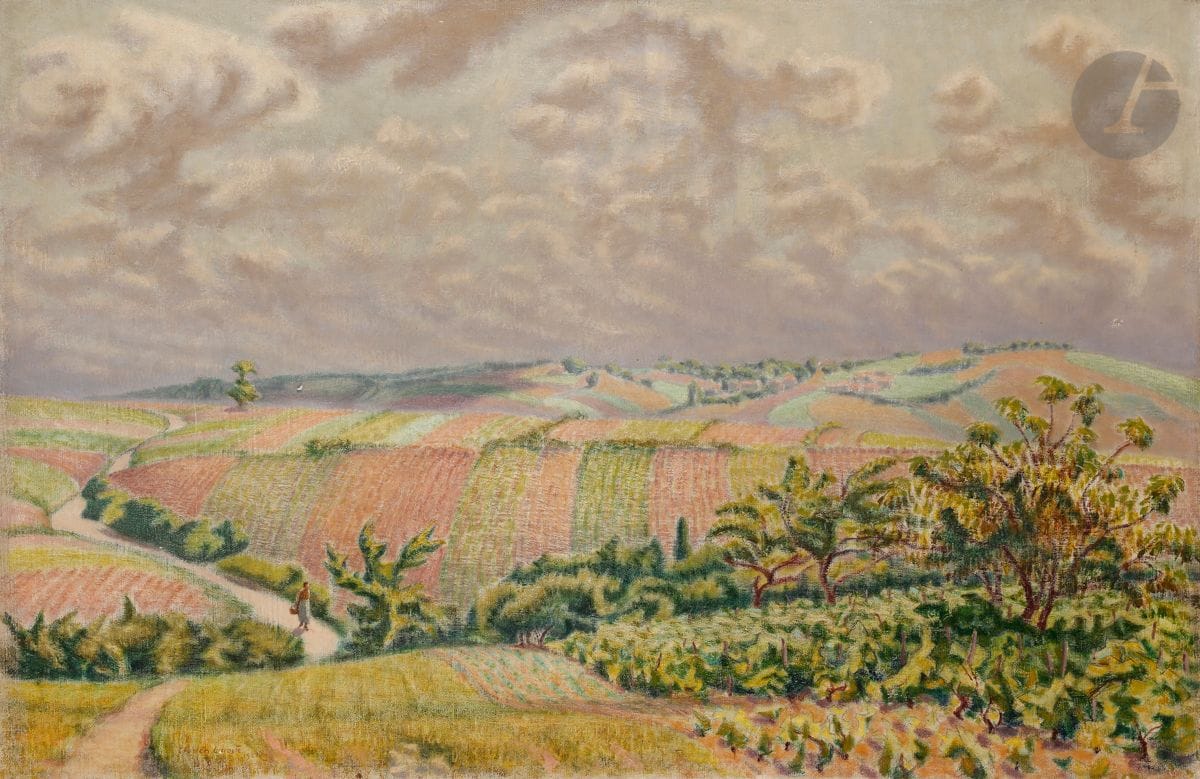 Charles LACOSTE (1870-1959)
Paysage aux champs, 1921
Huile sur toile.
Signée et datée en bas à gauche.
(Infime accident).
60 x 92 cm