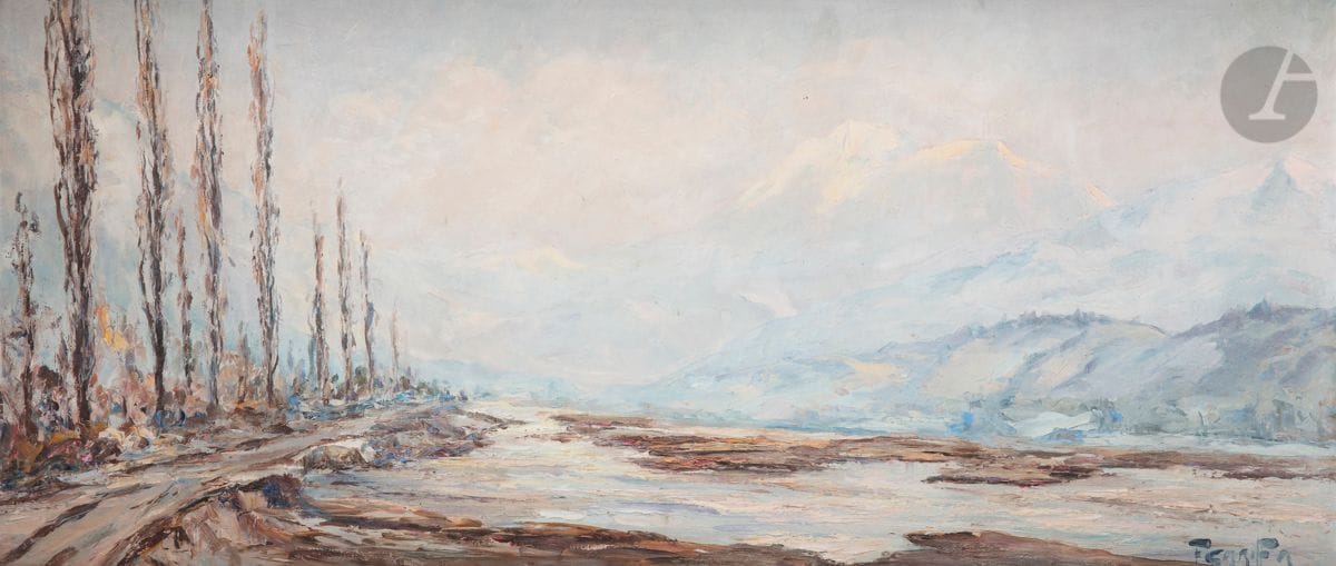 Francis CARIFFA (1890-1975)
Le Mont Blanc et l’Isère
Huile sur panneau.
Signée en bas à droite.
Signée et titrée au dos.
42 x 95 cm