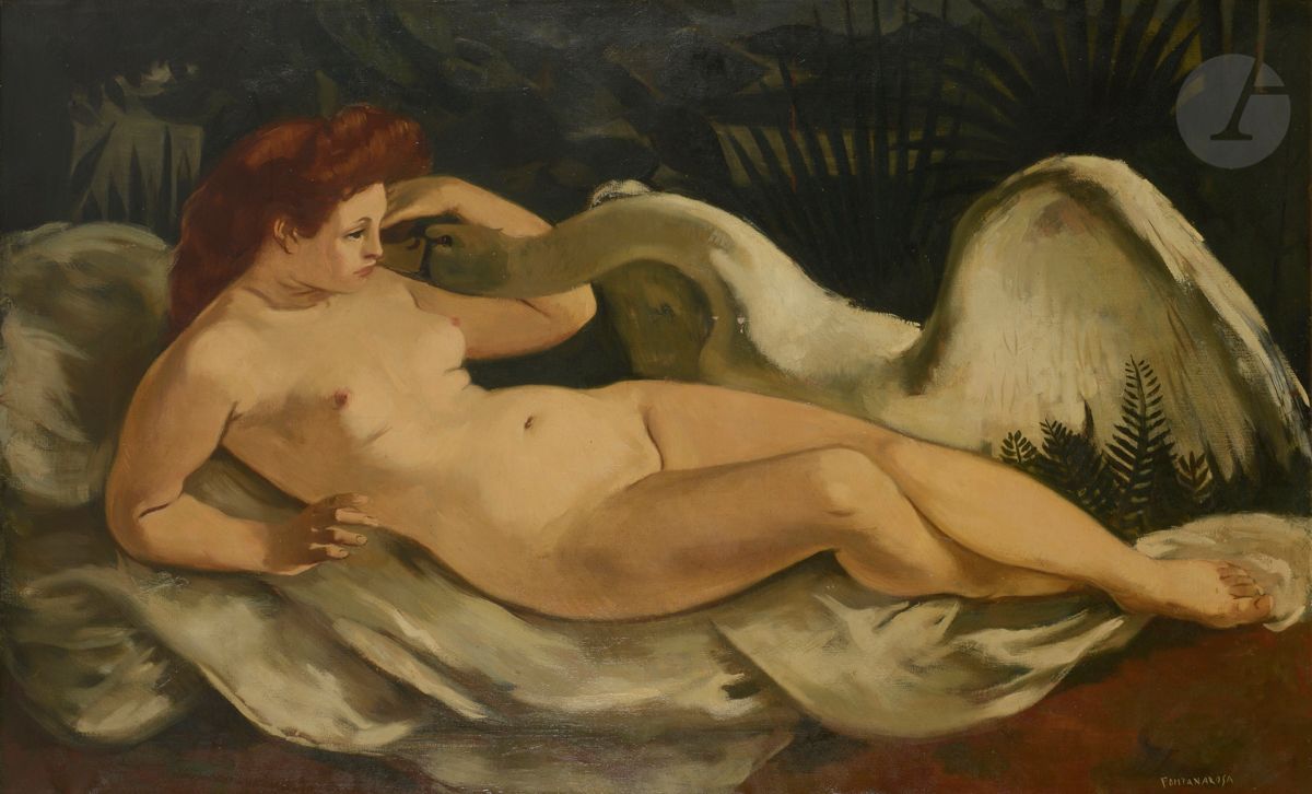
Lucien-Joseph FONTANAROSA (1912-1975)



Léda et le cygne



Huile sur toile.



Signée en bas à droite.



90 x 150 cm



PETITS MANQUES



Provenance :



Famille de l’artiste.





Œuvre en rapport : 



Nu se coiffant, 1947 reproduit in Michel Ratier, Raymond Trillat, Fontanarosa, Genève, Pierre Cailler Éditeur, 1969, n° 6.
