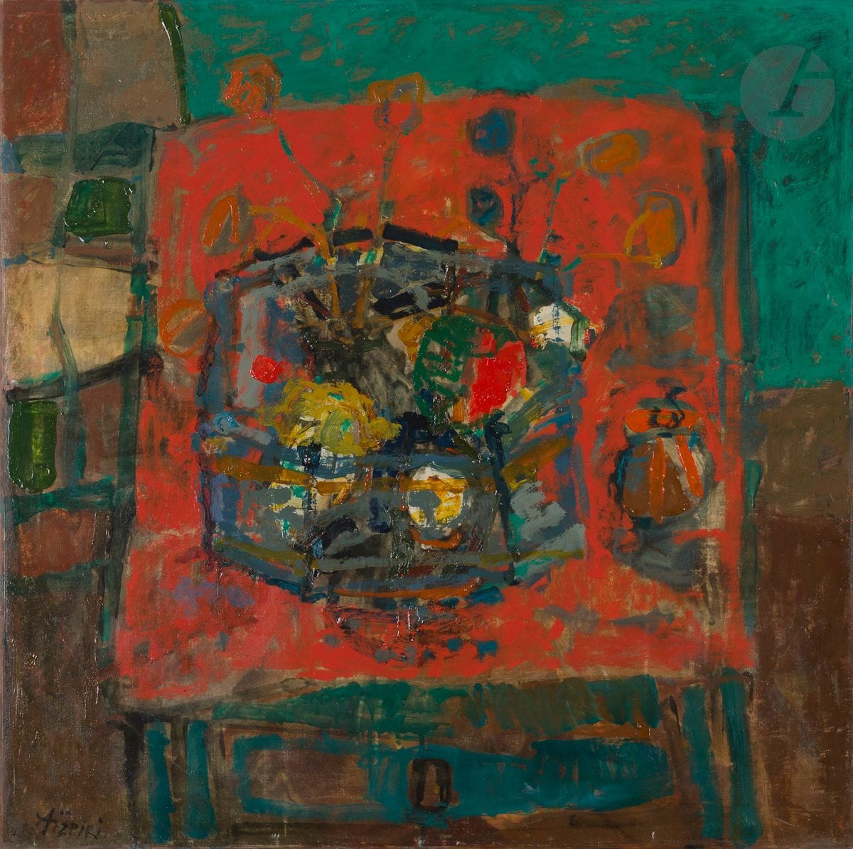 Paul AÏZPIRI (1919-2016)
L’Amour en cage
Huile sur toile montée sur toile.
Signée en bas à gauche.
Titrée au dos sur le châssis.
95 x 95 cm